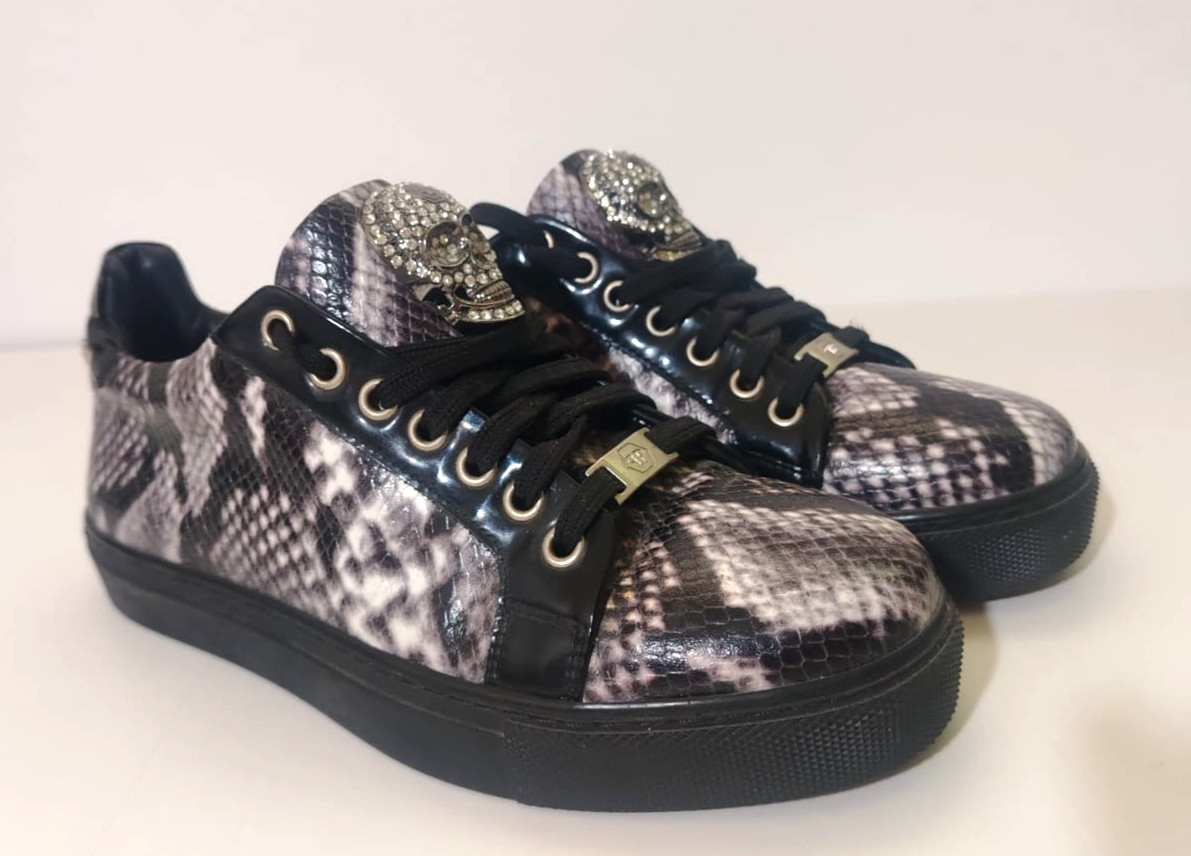Philipp Plein Python Print Skull Low Top Sneakers Black Grey EU 39