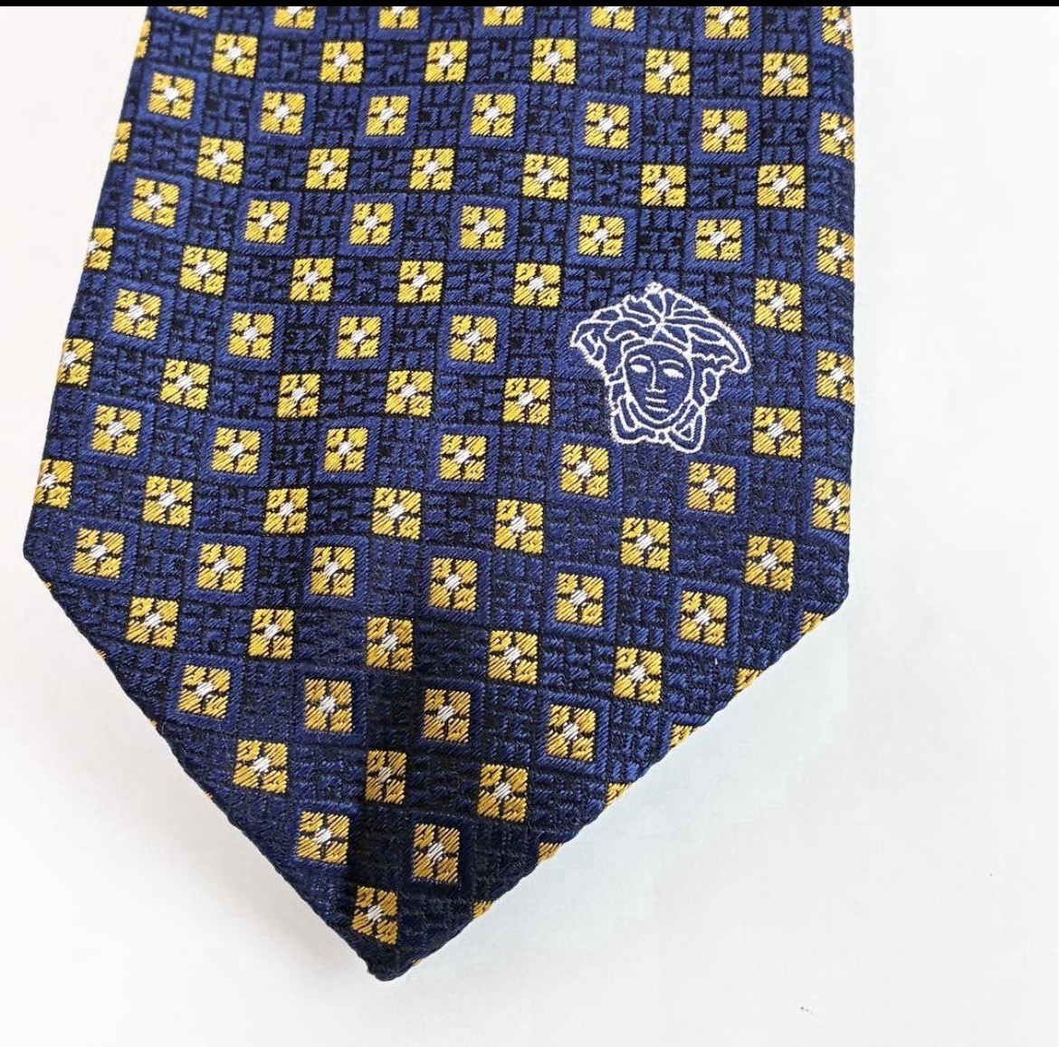VERSACE Medusa Silk Tie Blue Gold Geometric Jacquard Made in Italy Men’s