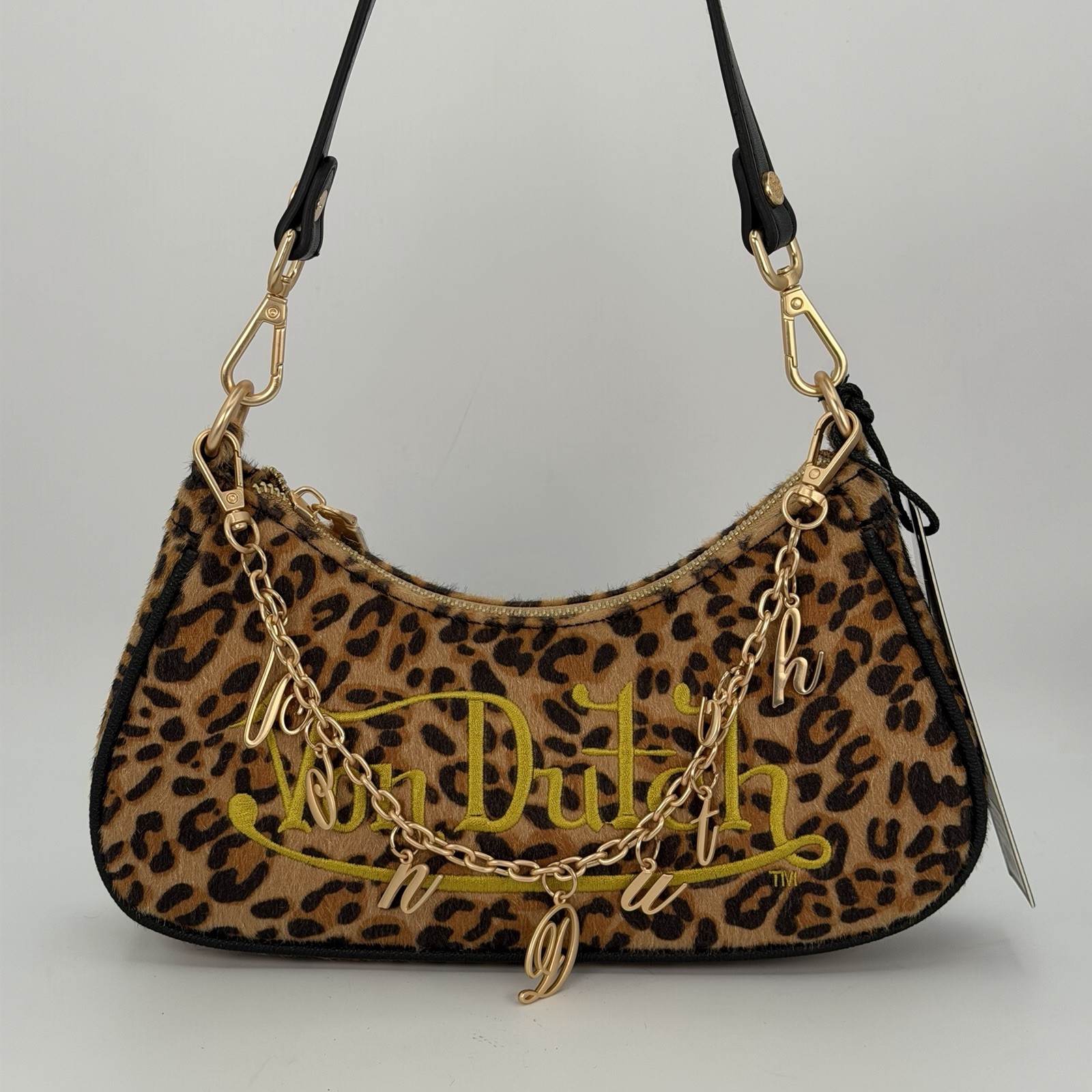 Von Dutch Crescent Shoulder Bag Leopard Print Brown & Black Gold Zip With Charm