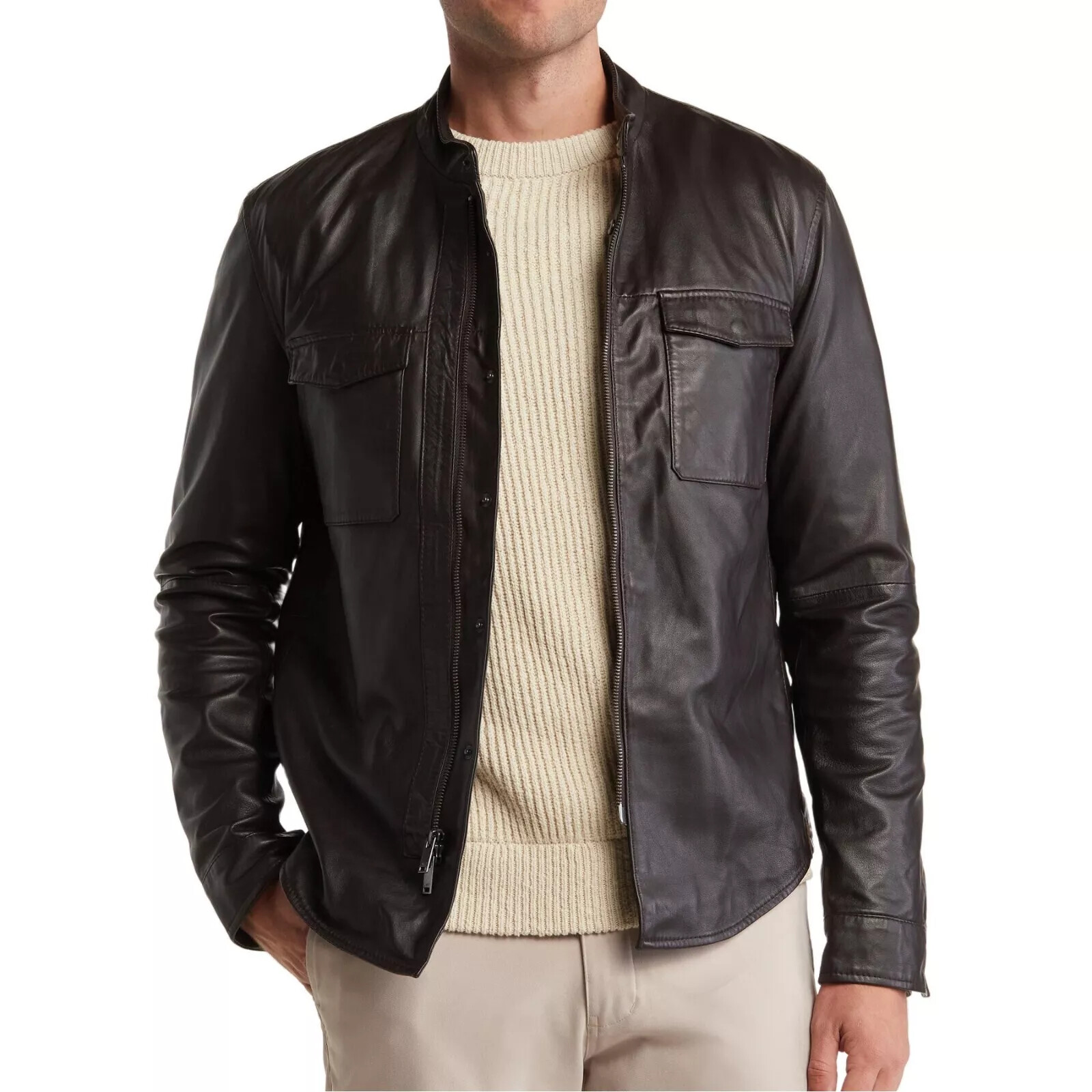 John Varvatos Leather Jacket Shirt Jacket Snap Zip Front Brown pure Lambskin