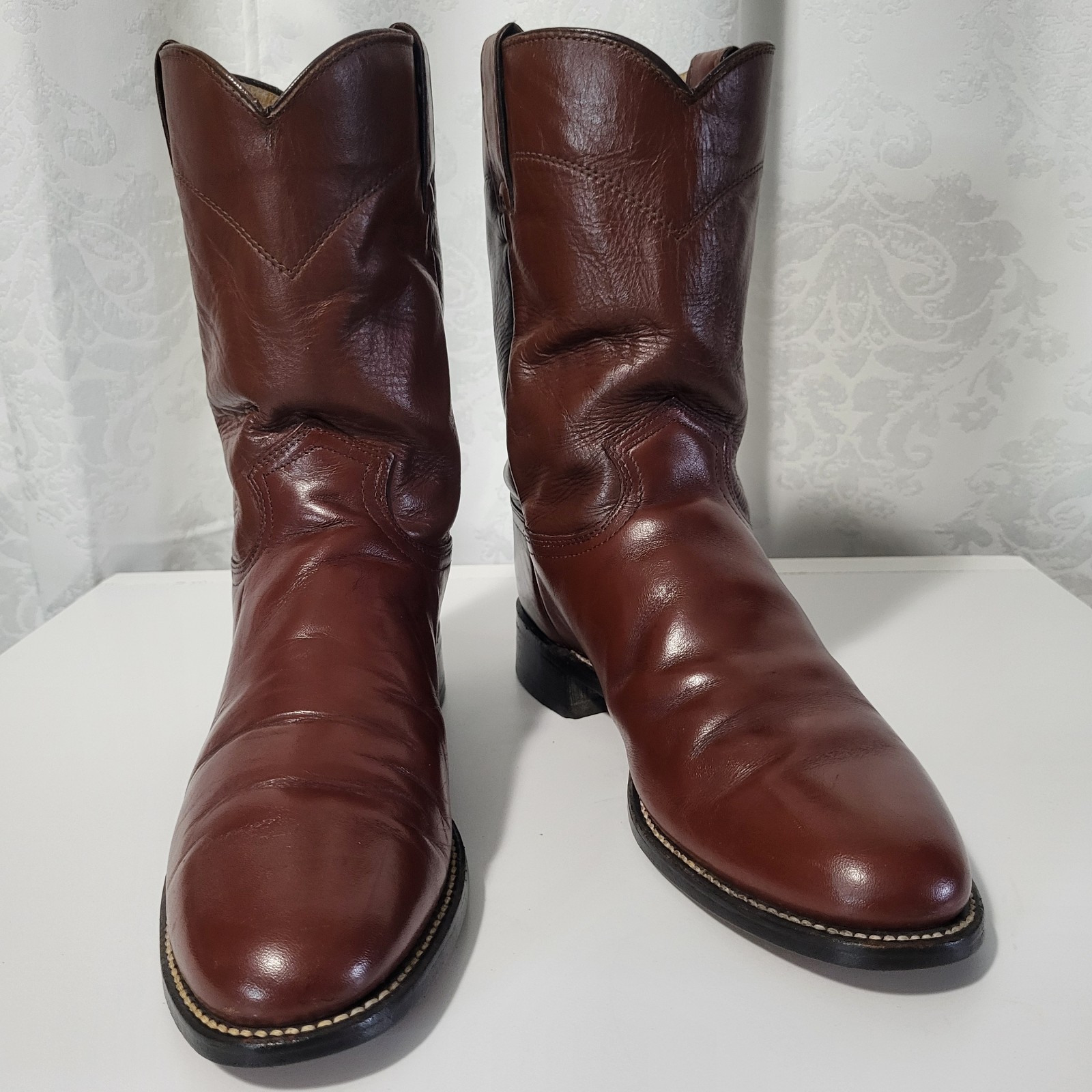 J Chisholm Handcrafted USA VTG Men’s Leather Western Cowboy Roper Boots Sz 10D