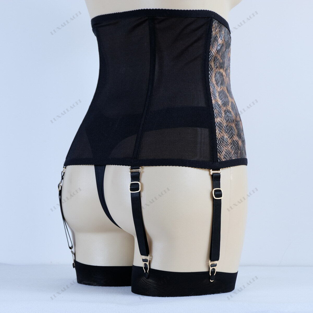Luxallacki Mesh Pu Leopard Waist Cincher 6 Straps Garter Boned Shaping Corset