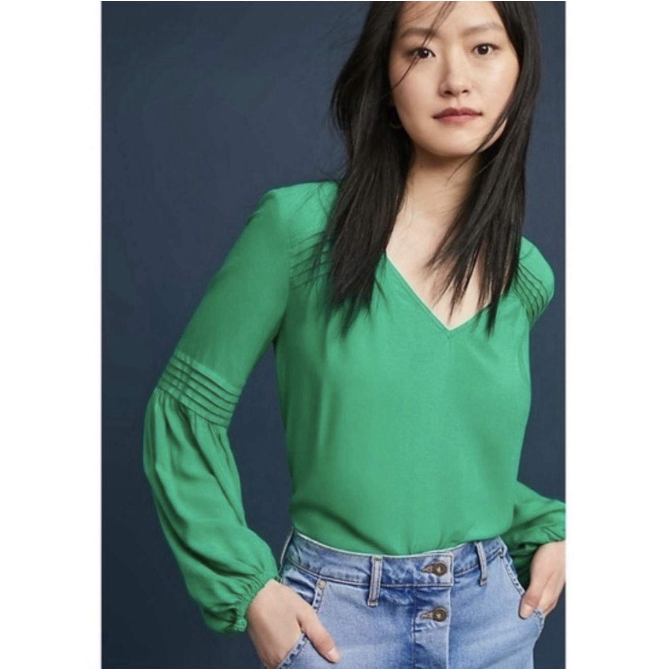 Anthropologie Maeve Ceresco Peasant Balloon Sleeve Top green size small