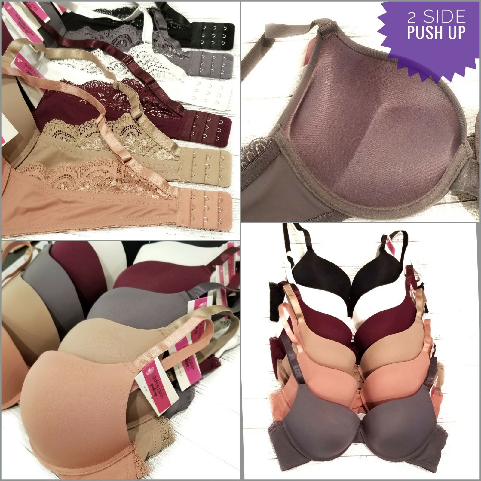 Add 2 Cup Sizes Extreme Ultimate Padded Lace Trim 2 or 3 Hook U Back Push Up Bra