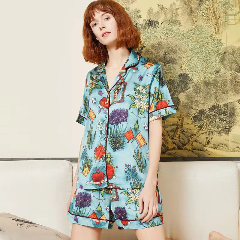 19MM Women’s 100% Mulberry Silk Pajamas Set Short Sleeves Print Silk Sleepwear