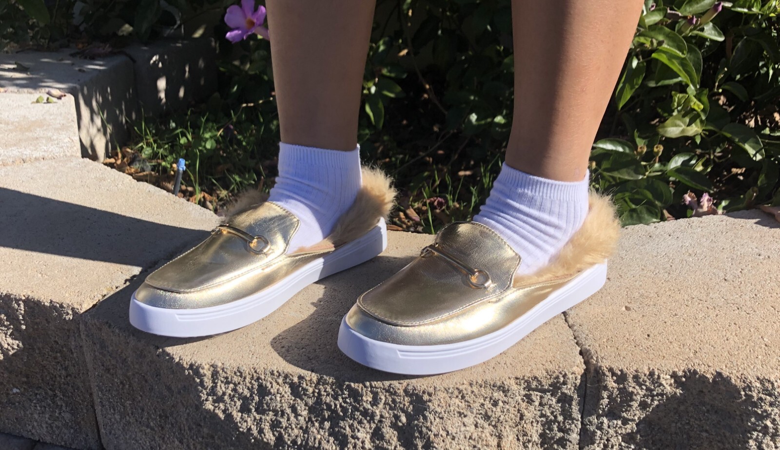BAMBOO GRANDSLAM-39M GOLD MPU SLIP ON FAUX FUR COMFORT LOAFER SHOES ALL SIZES