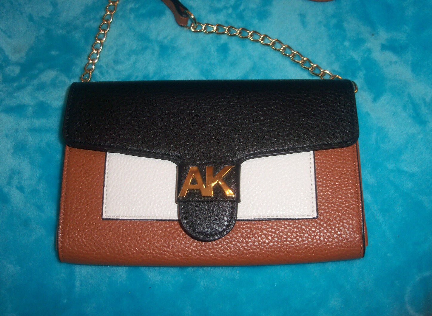 New ANNE KLIEN Black & Saddle Brown Wallet Crossbody Bag – CHAIN STRAP – PEBBLED