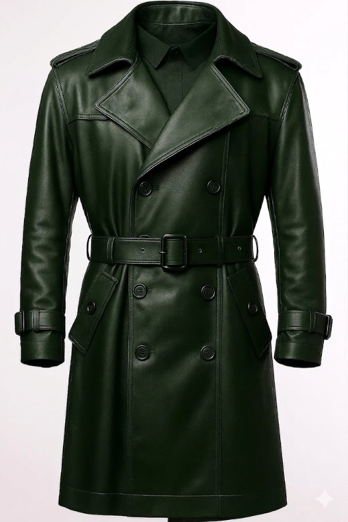 New Men’s Green Lambskin Leather Trench Coat Double-Breasted Belted Overcoat