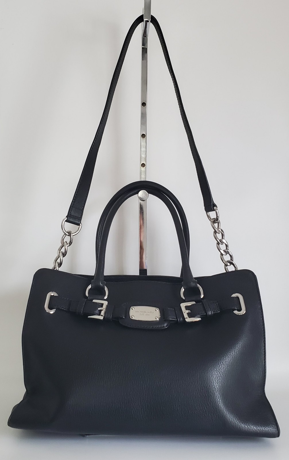MK HAMILTON BLACK PEBBLED LEATHER SATCHEL HAND BAG SILVERSTONE HARDWARE MEDIUM