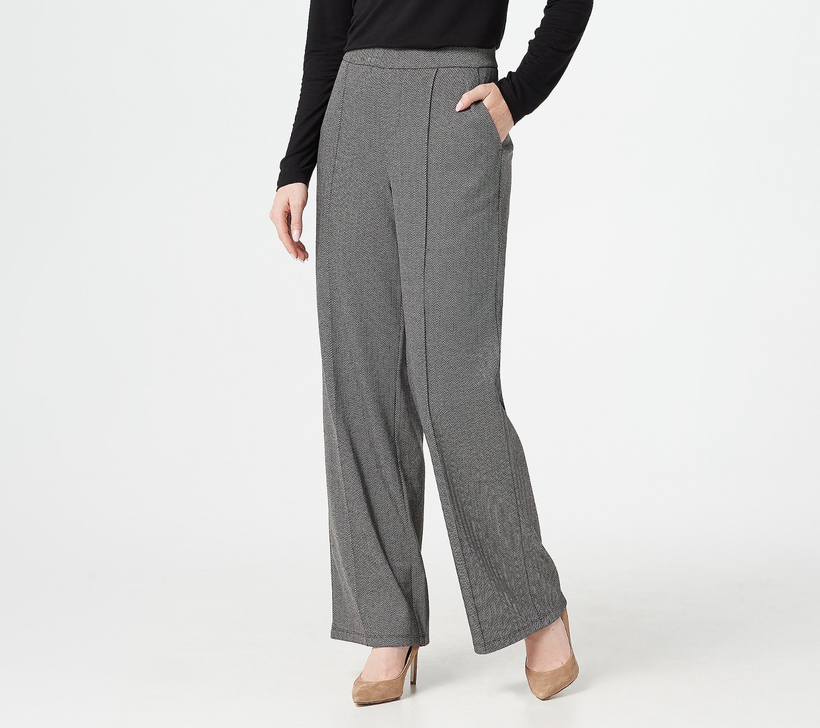 H by Halston Regular Wide- Leg Herringbone Pull-On Pants with Pintuck Size 8