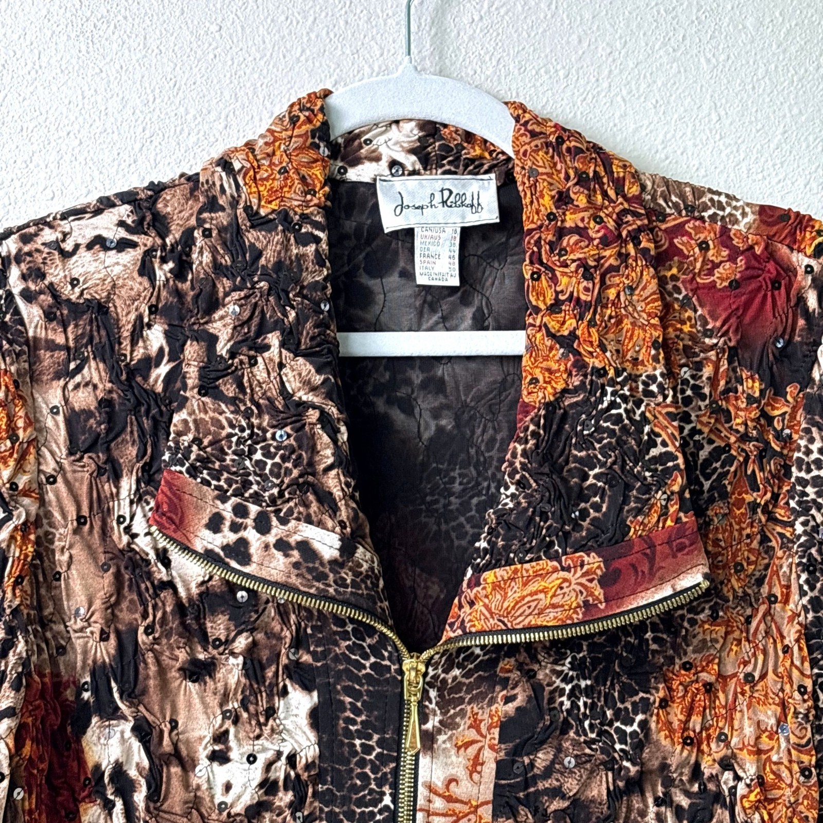 Joseph Ribkoff Jacket Womens Size 16 Brown Black Animal Print Sequin Zip Ruched