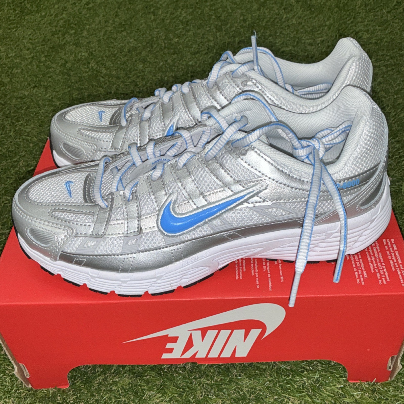 Nike P-6000 Silver Blue White Black Men’s Low Top Lace Up Sneakers Athletic