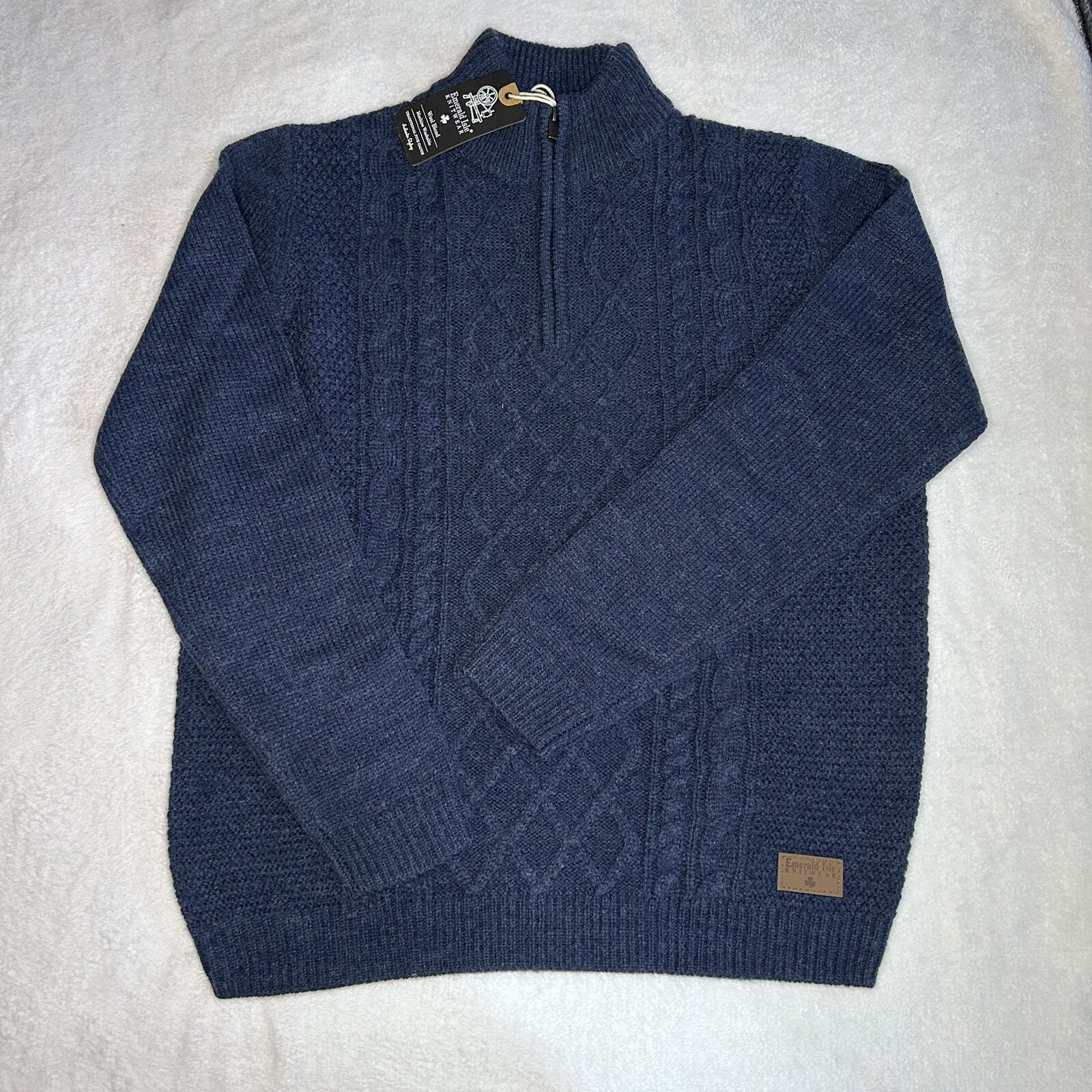 Emerald Isle Knitwear Men’s Wool Blend Navy Blue Cable Knit Sweater Zipper Sz L