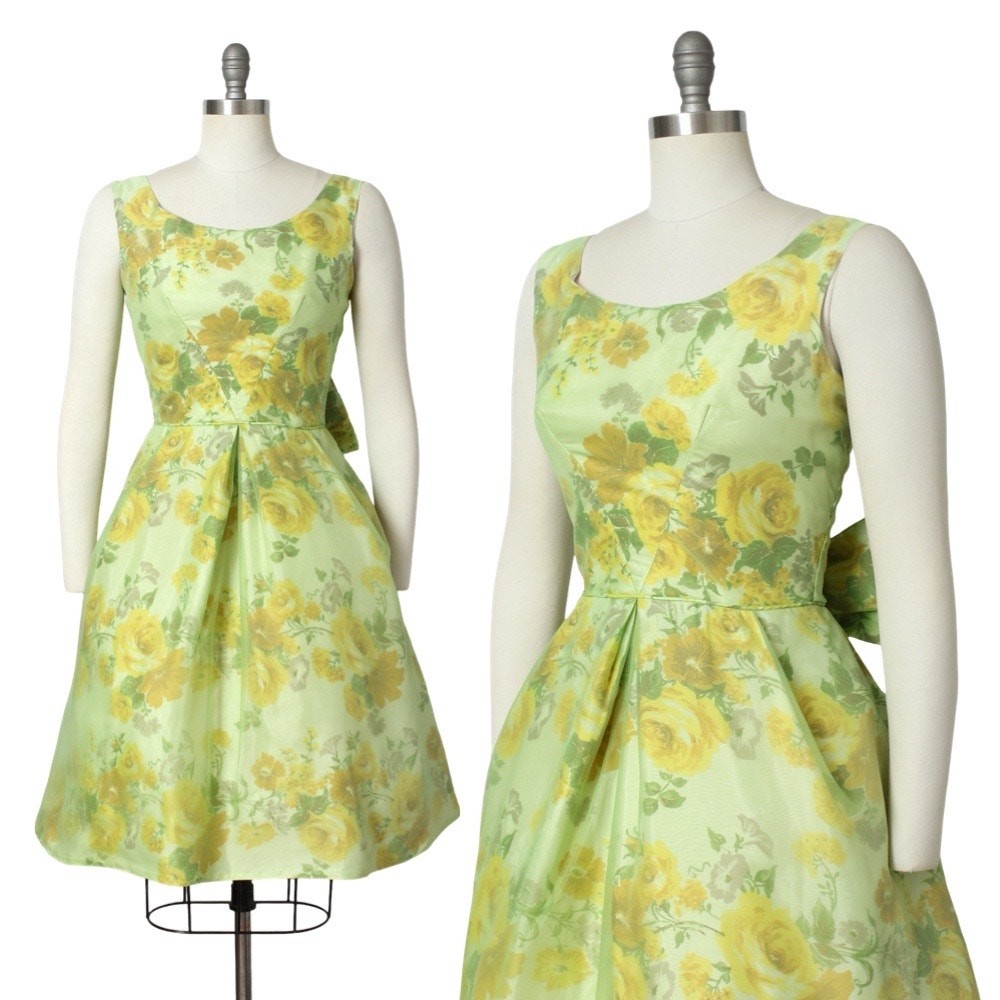 Vintage 1950s Party Dress 50s Rose Chiffon Yellow Bridesmaid Prom Evening Gown