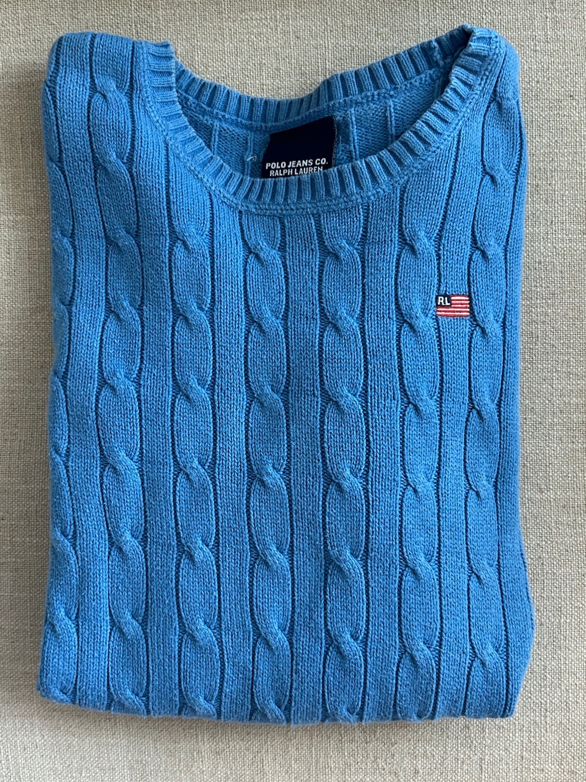 Polo By Ralph Lauren Sweater Kids XL 12-14 Blue Cable Cotton Pullover w/ flag