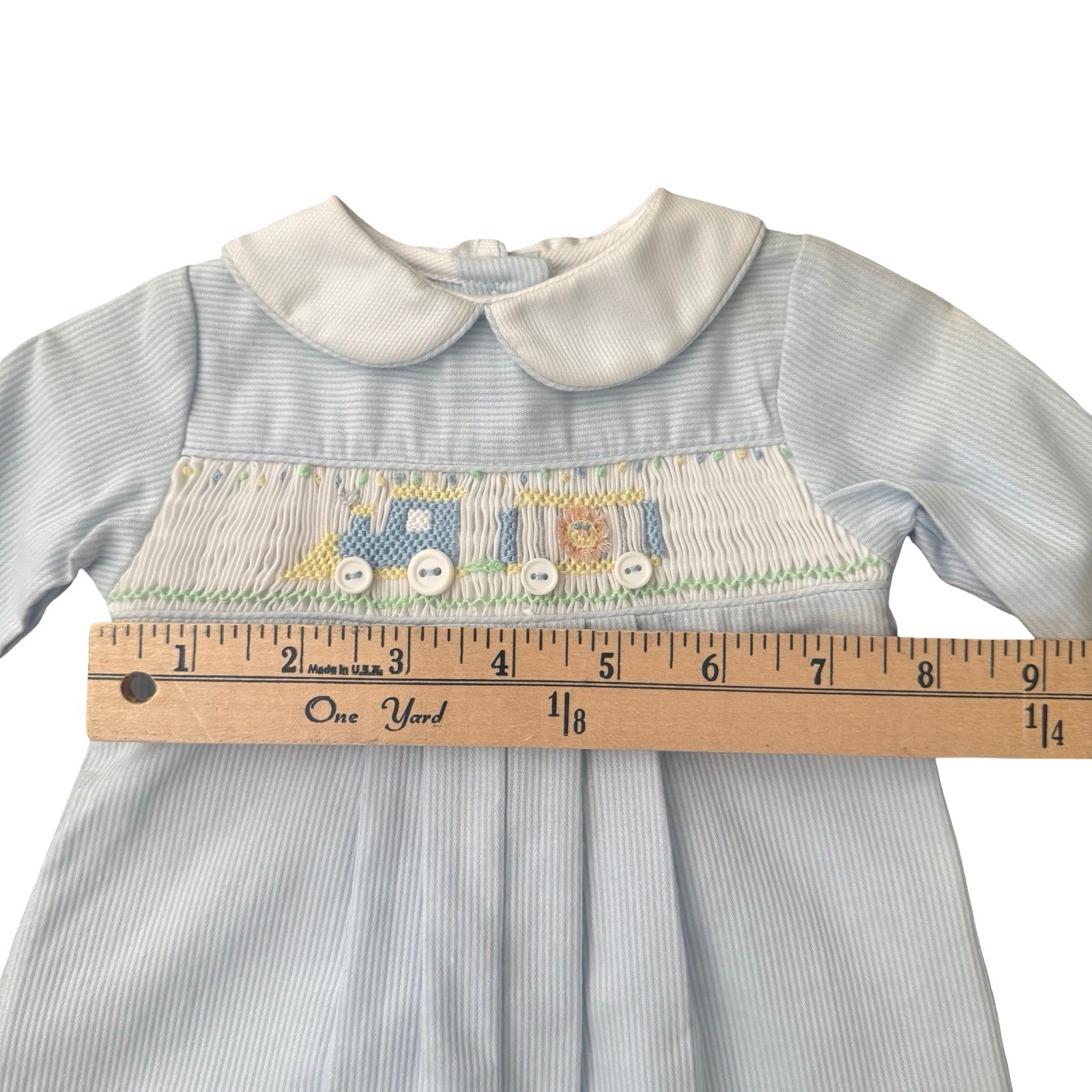 Petit Ami Smocked Train Romper Bonnet Set Blue White Stripe NWT Preemie Baby Boy