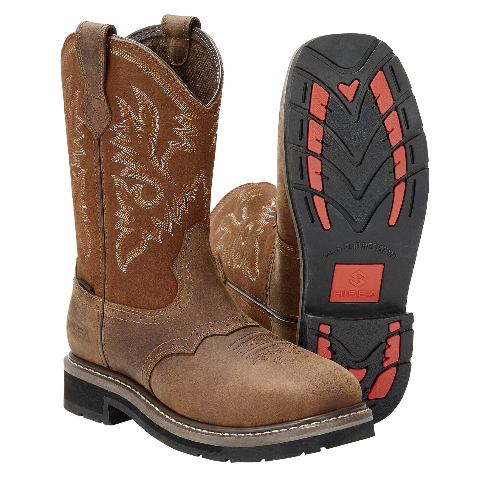 HISEA Men Grain Leather Western Cowboy Boots Steel/Soft Toe Waterproof Work Boot
