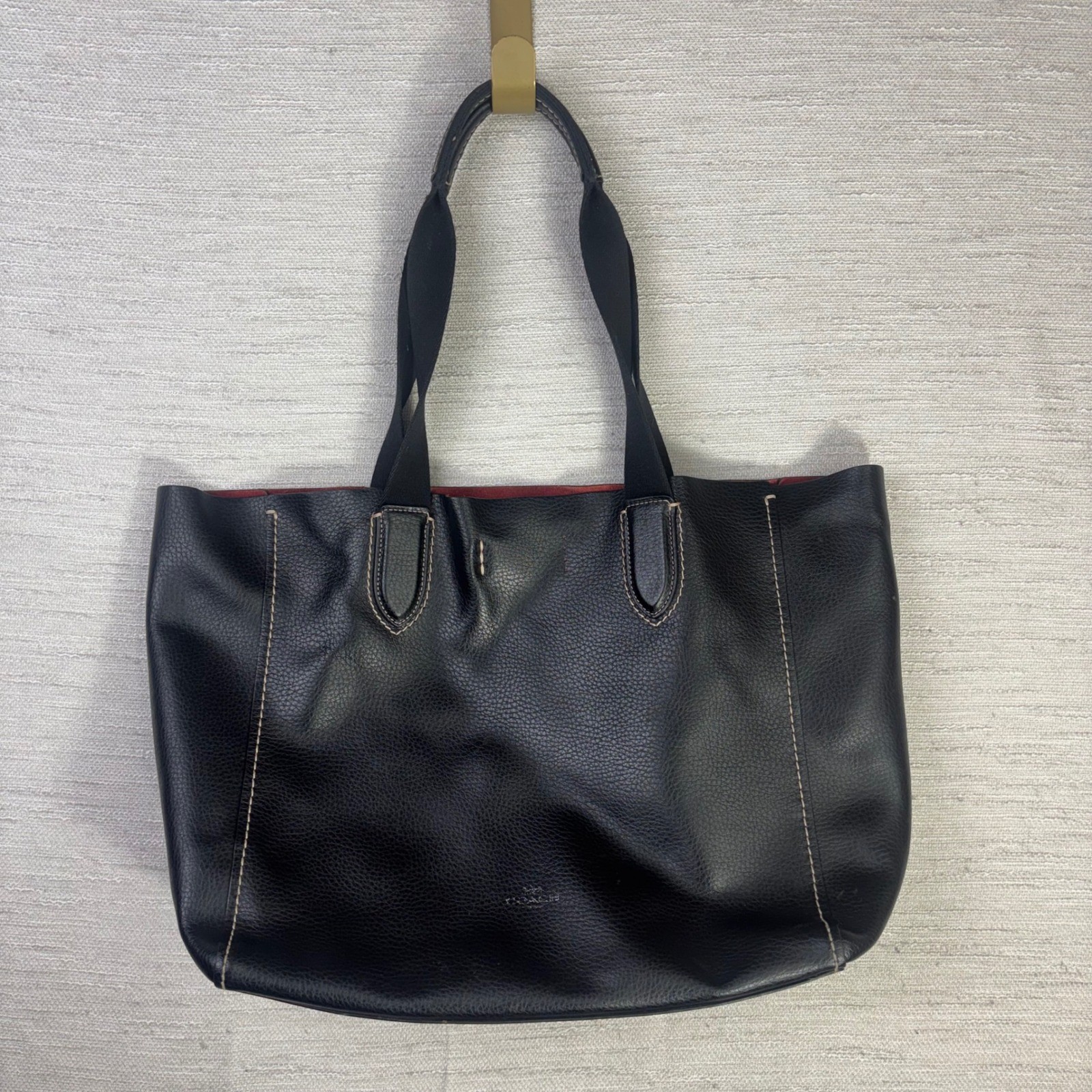 Coach Derby Tote Black Pebbled Leather Red Interior Handbag 58660
