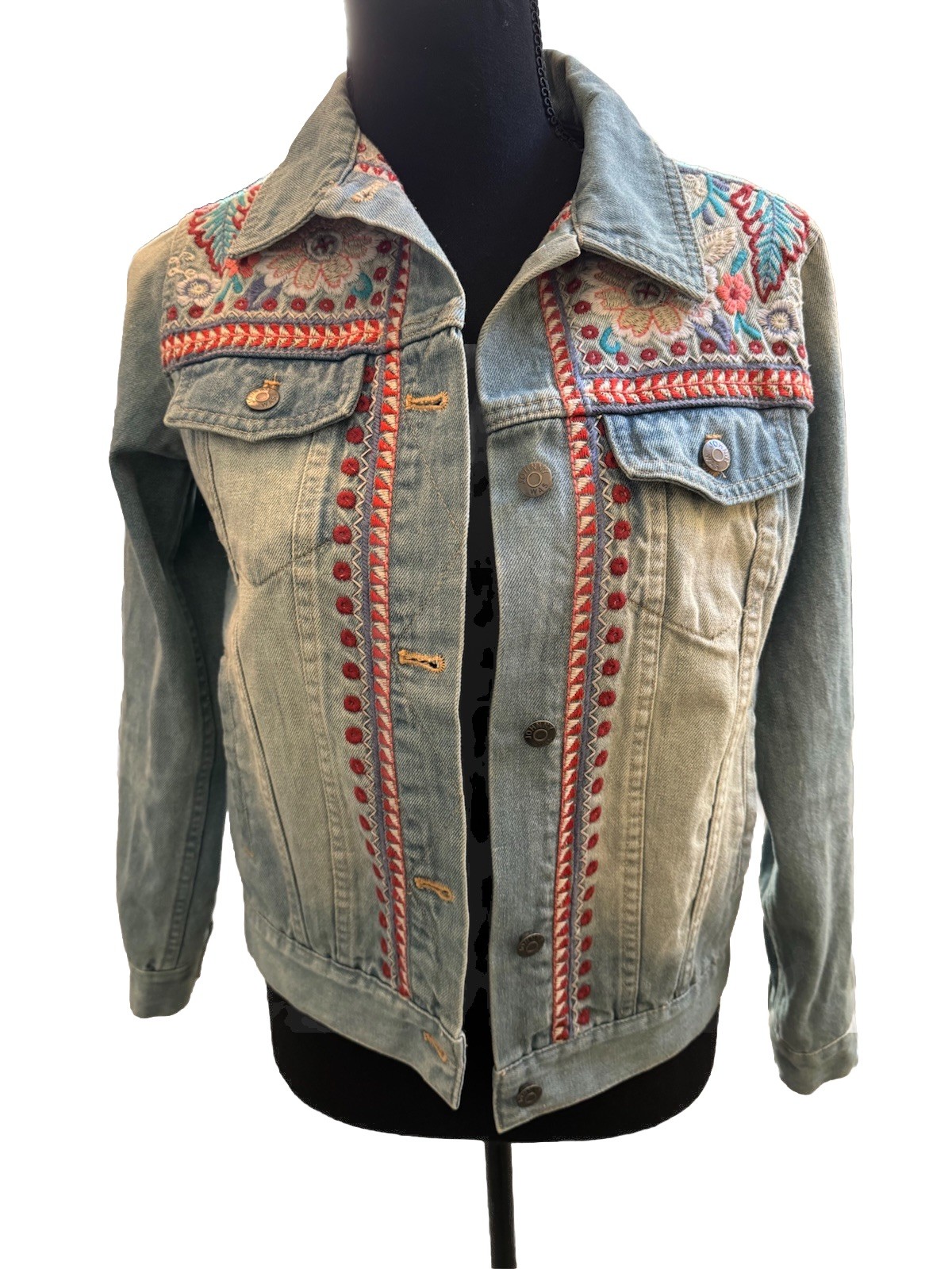 Johnny Was Oman Embroidered Denim Jean Jacket Women’s Boho Artsy Colorful XS