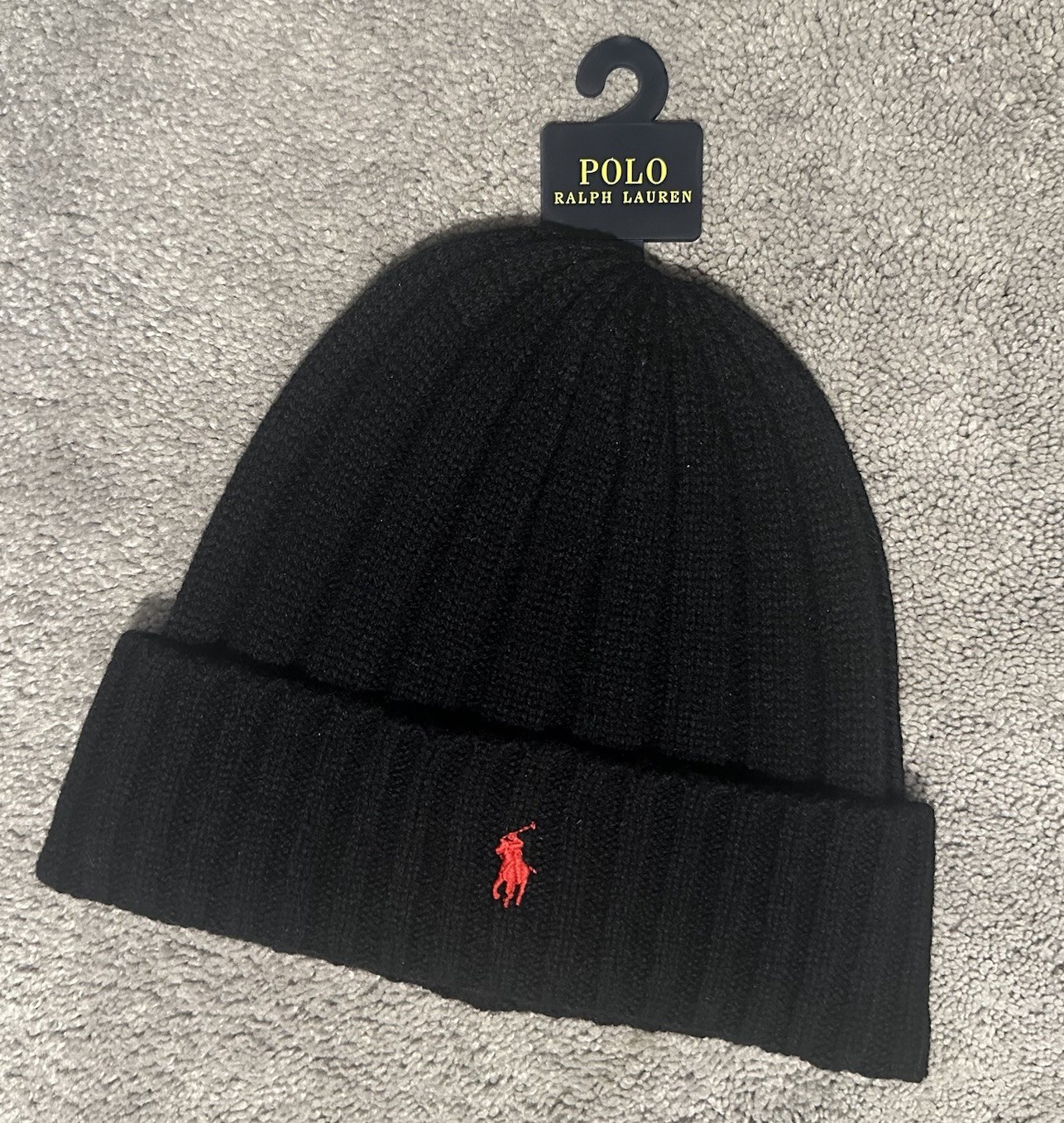 Polo Ralph Lauren Ribbed Cuff Beanie One Size Black Wool Blend Pony Logo Preppy