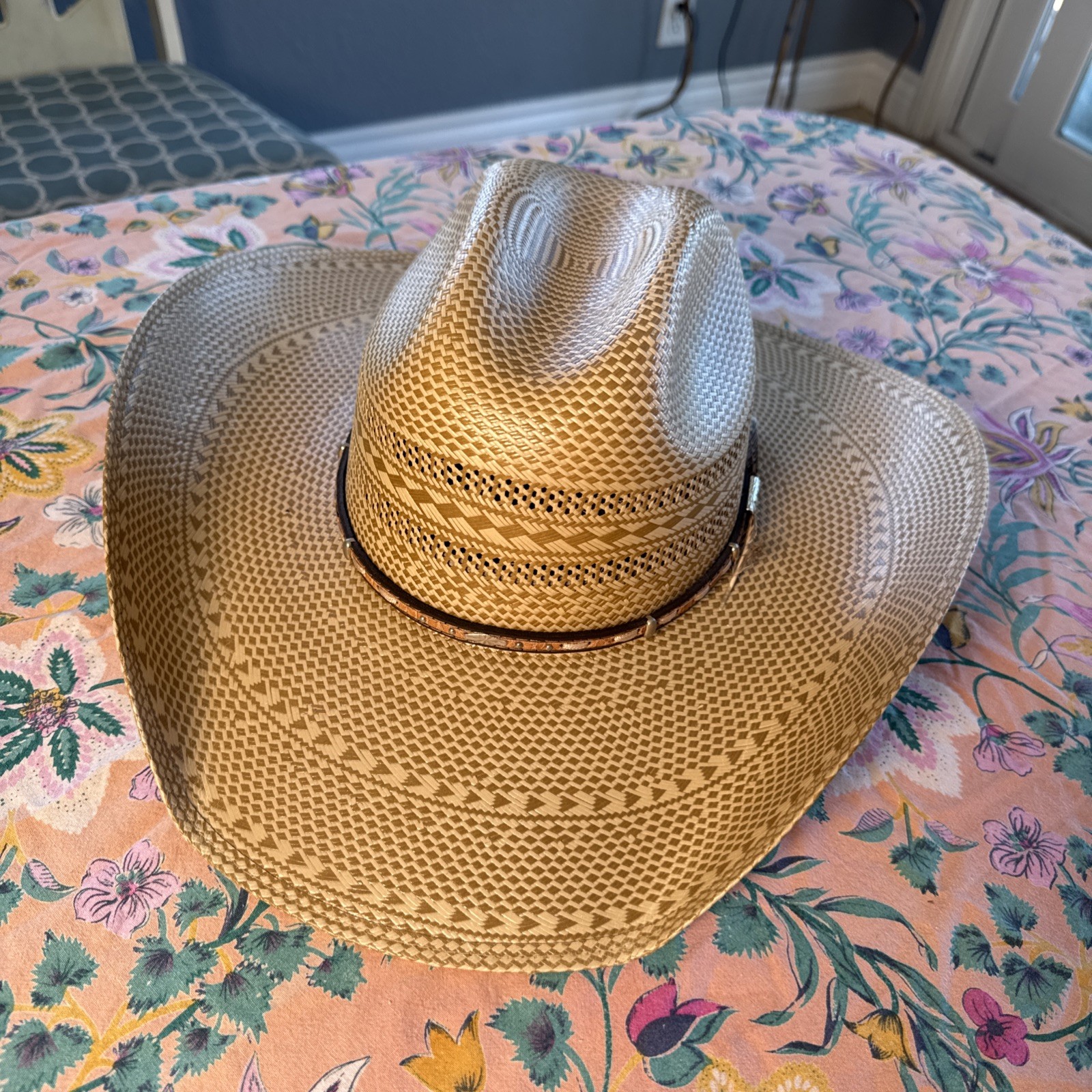 Larry Mahan’s 10X LAREDO Straw Leather Belted Western Cowboy Hat Men 7 3/8 MINT