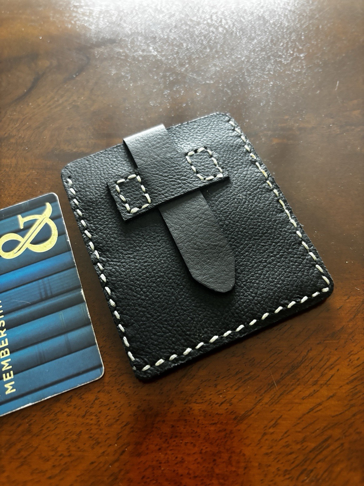 Black Leather ID & Card Holder w/ Strap Closure, White Stitching, Unisex