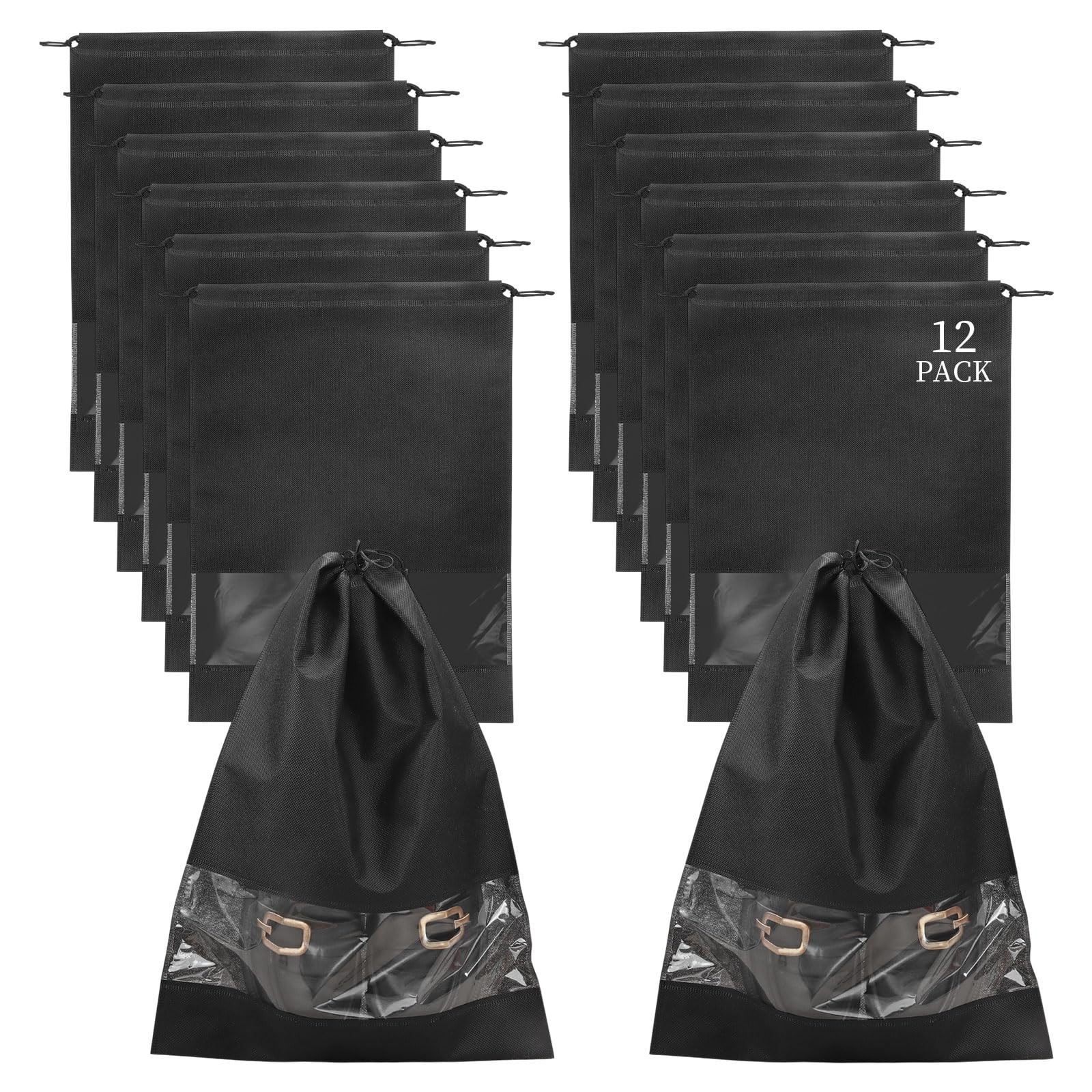12 Pcs Portable Travel Shoe Bags, 17.3 x 12.6 Inches Waterproof Black