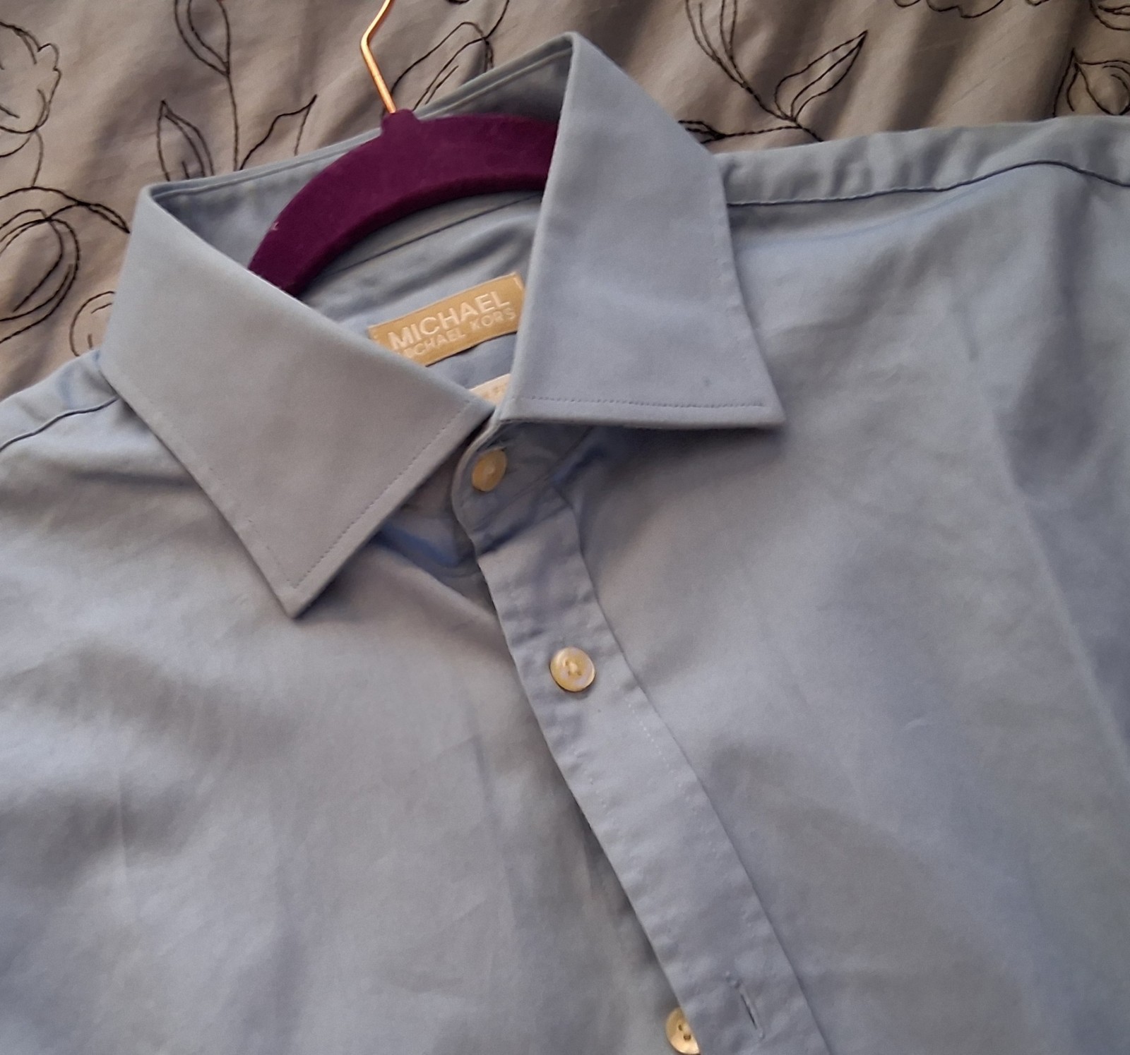 Michael Kors Men’s Slim Fit Blue Solid Point Collar Button Front Dress Shirt