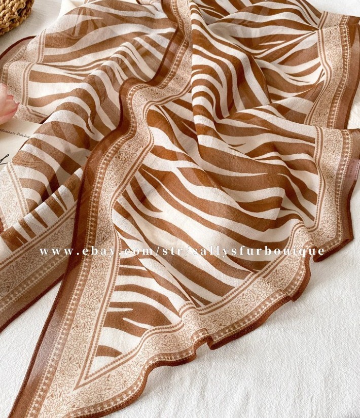 Sallys 100% Mulberry Silk Chiffon Shawl Stripes Print Neckerchief Oblong Scarf