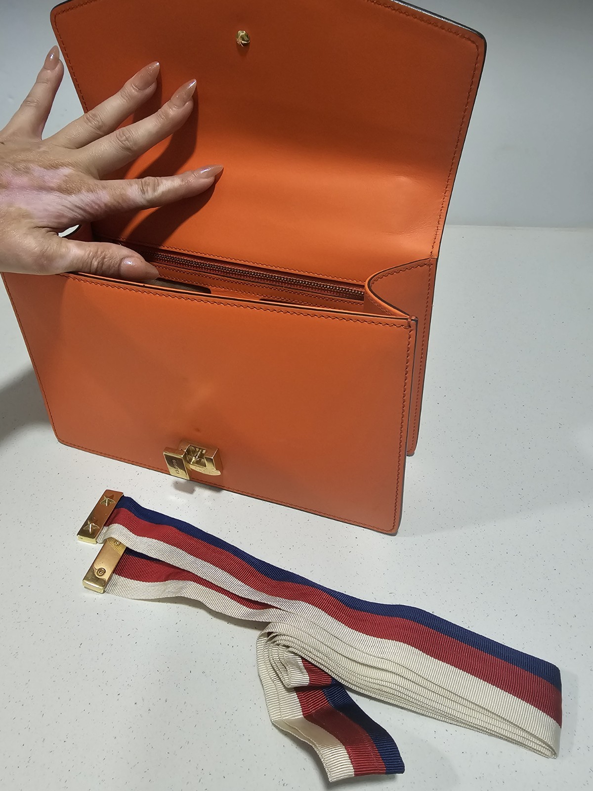 Gucci Women’s Orange Striped Shoulder Bag, Gold Chain Lock, Detachable Strap