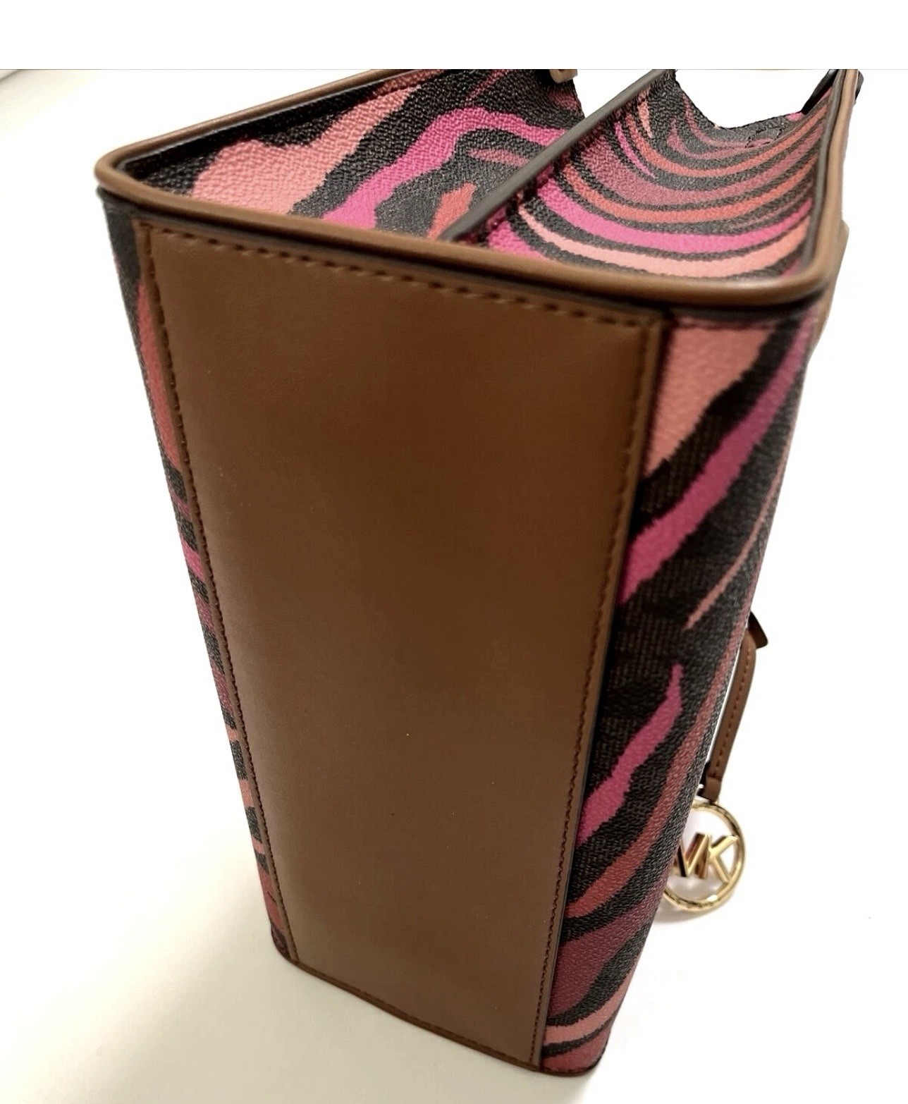 Michael Kors Small Zebra Print Satchel Top Handle Zip, Inner Pockets Gold