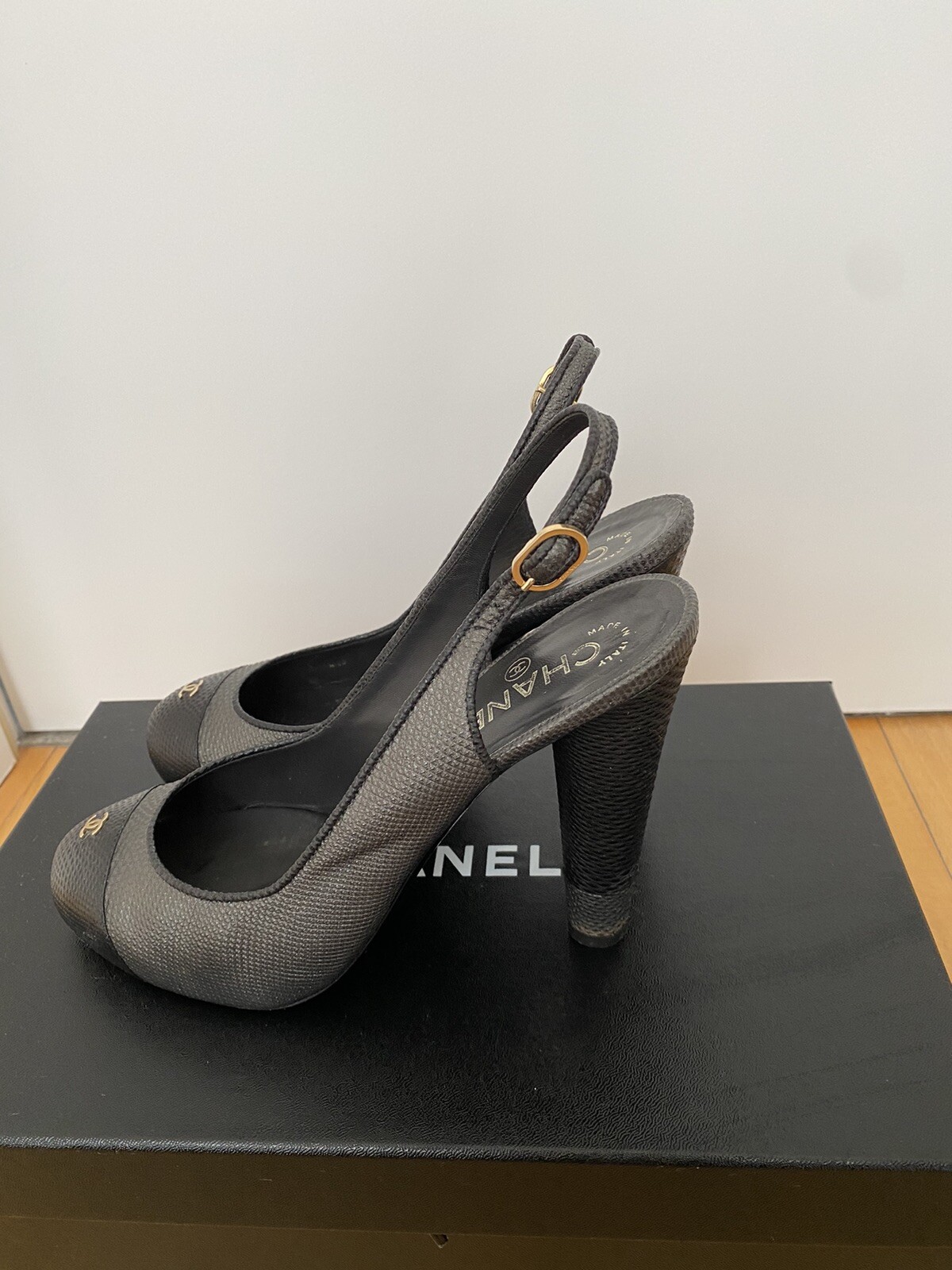Chanel slingbacks 39.5. Black and Grey, Platform, Heel 12cm