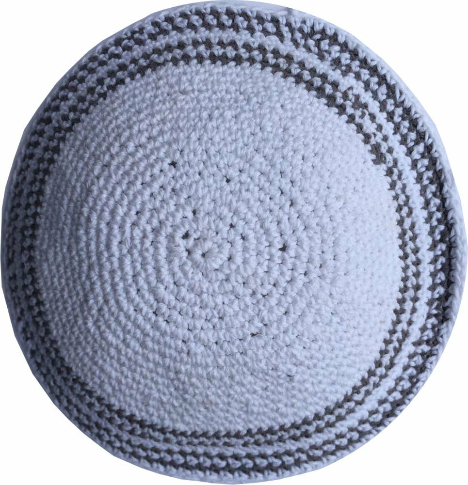 White / Grey lines 17cm DMC 100% Knitted Cotton Kippah Torah Chabad Yarmulke
