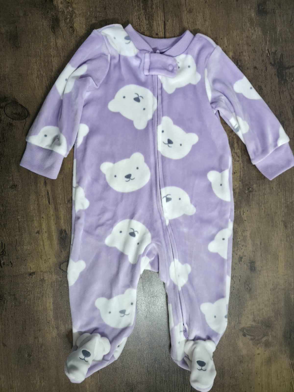 Purple White Fleece Footed Zip Sleeper Bear Print One-Piece 0-3M