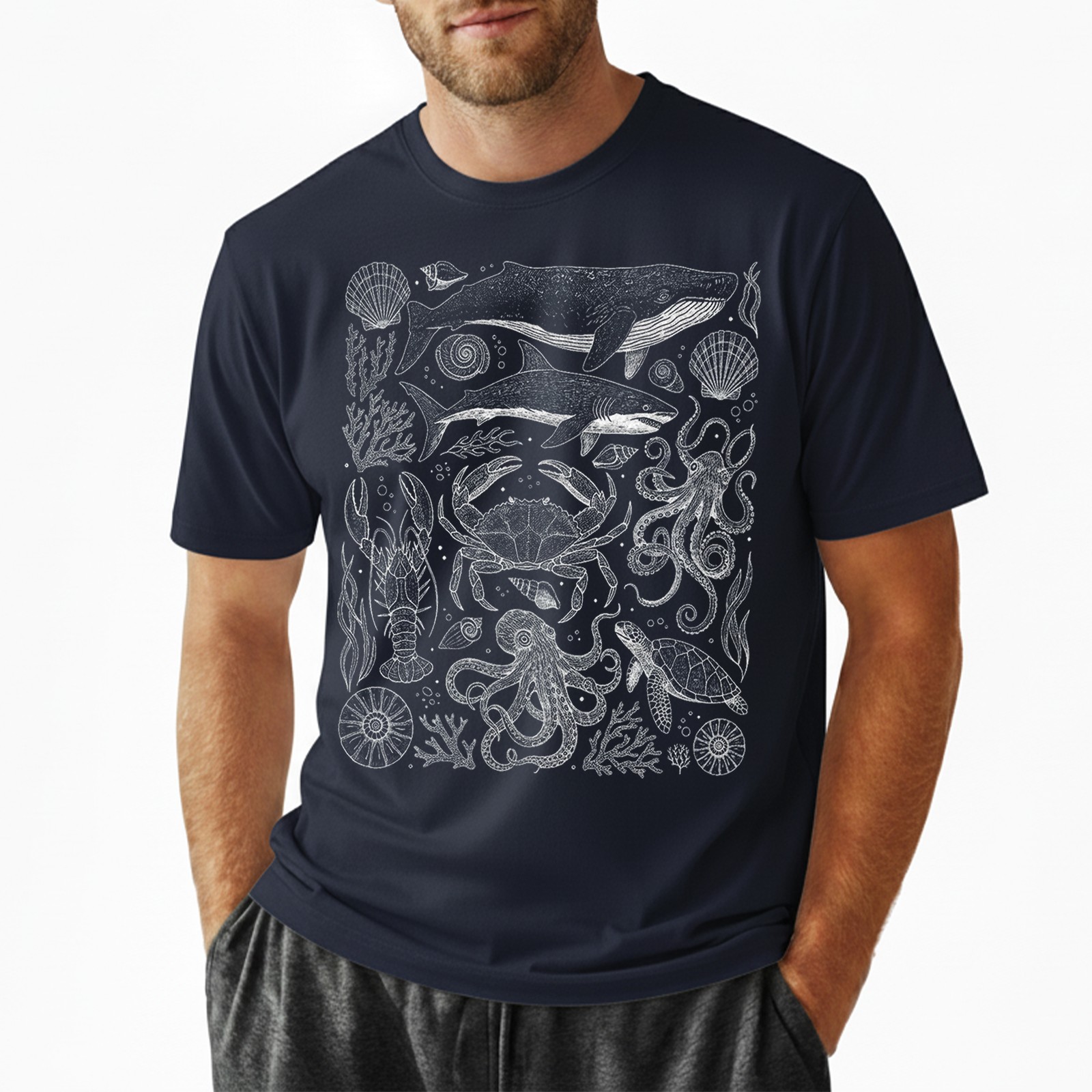 Marine Life Whale Crab Octopus Nautical Retro Engraving Vintage Gift Tee