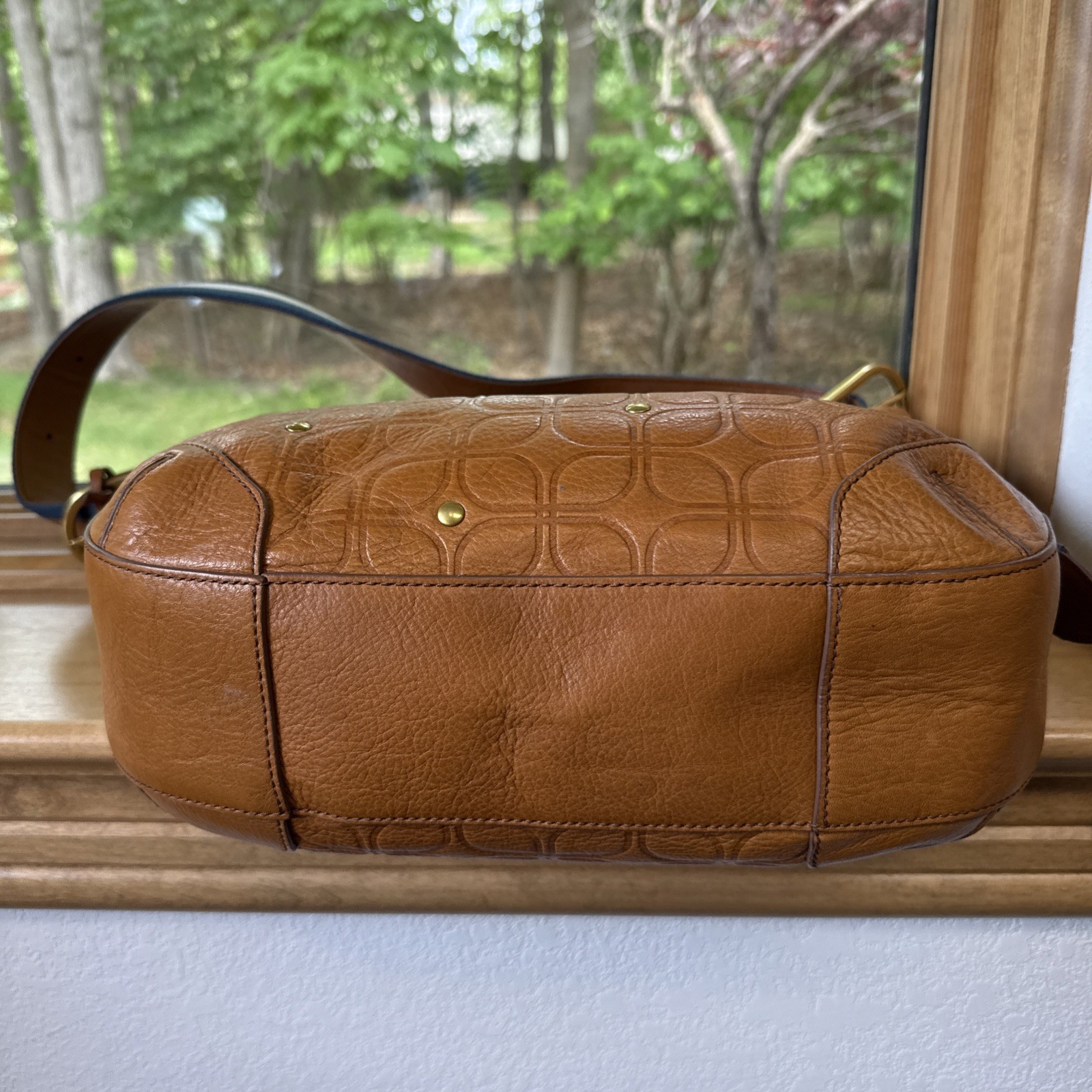 Fossil Hannah Signature Hobo Shoulder Bag Camel Tan Embossed Leather Brass