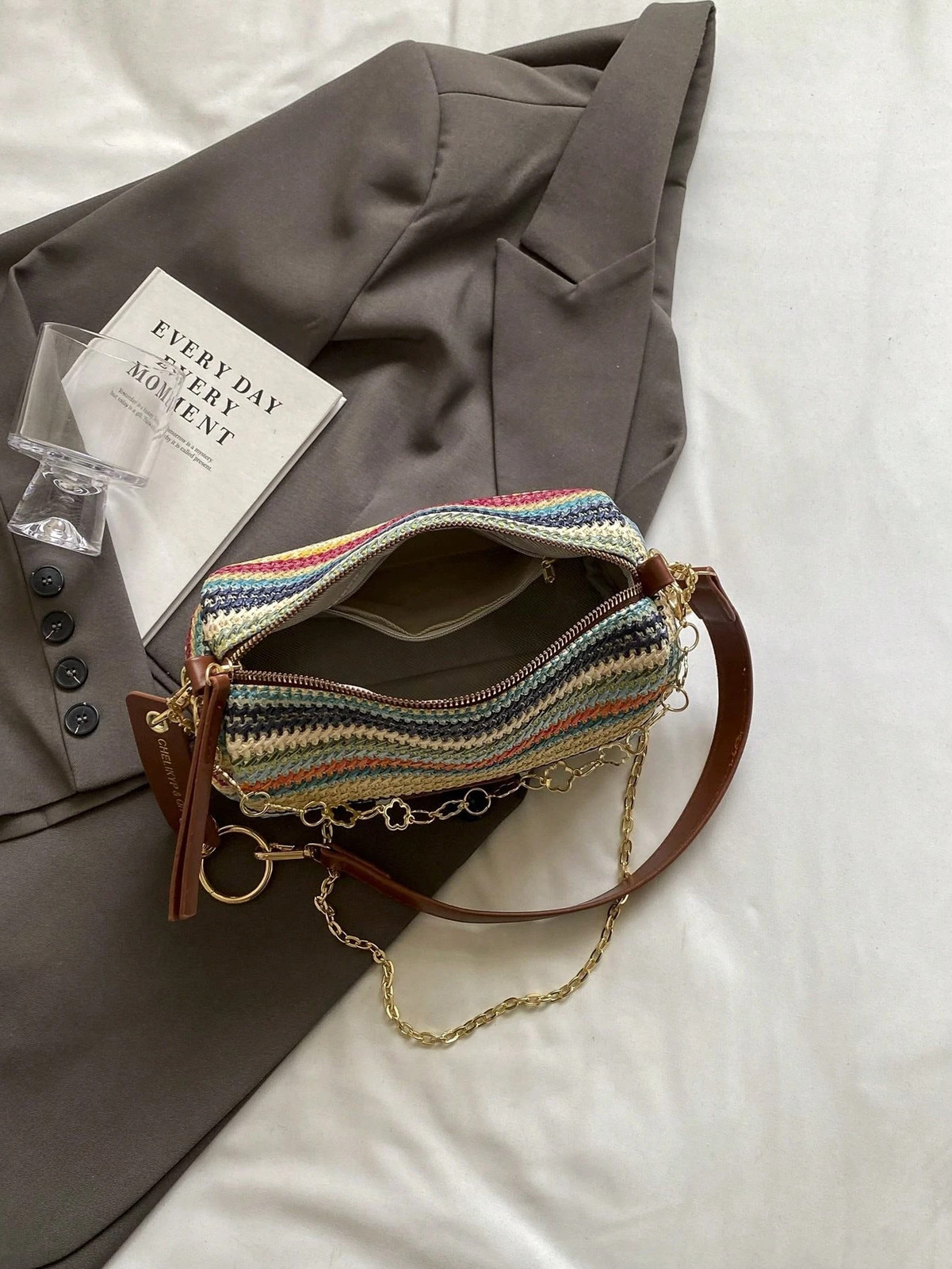 New Spring Summer Contrast Striped Woven Straw Shoulder Bag, Fashion Letter