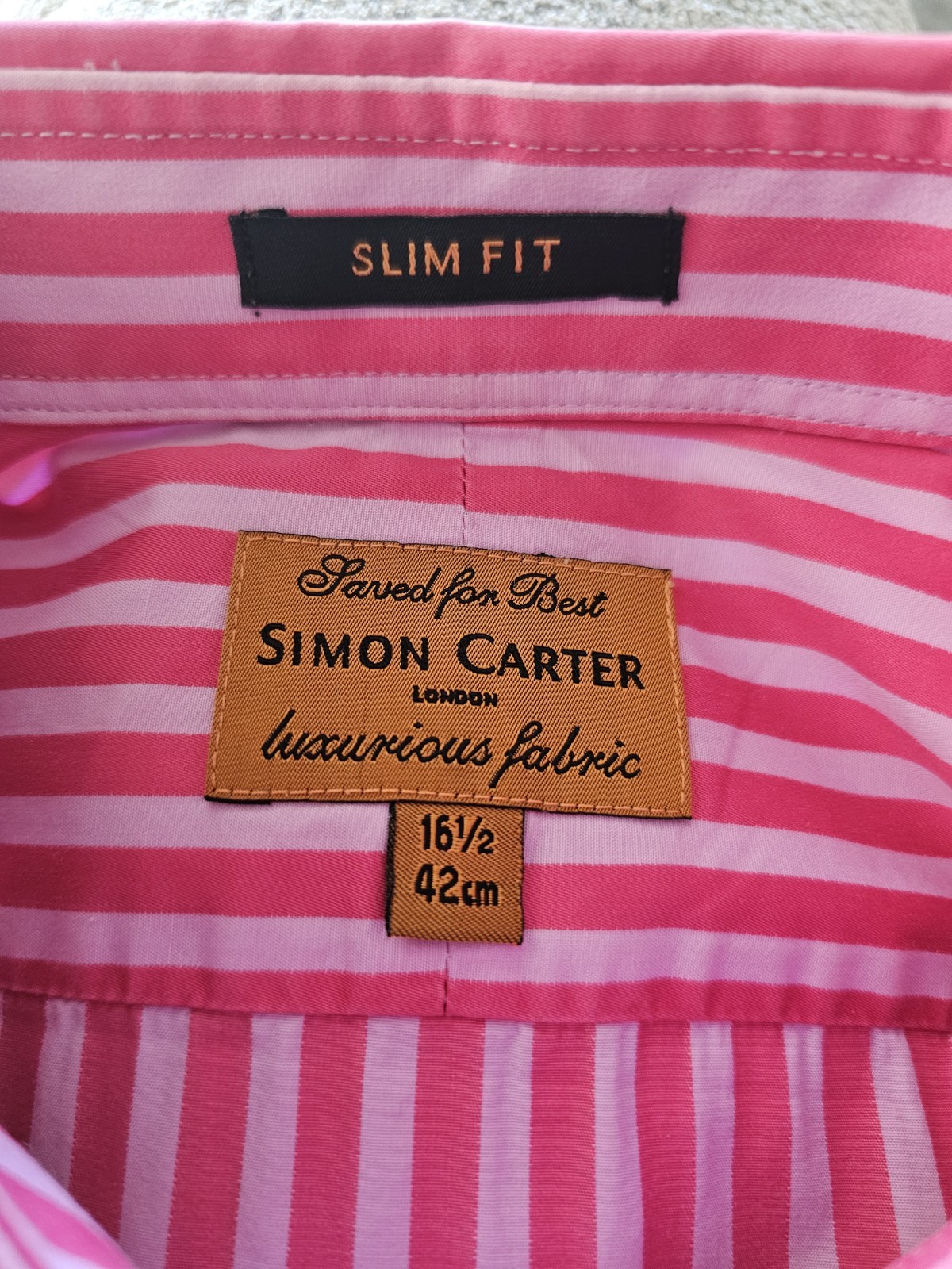 Simon Carter Stripe Shirt Size 16.5″ Slim Fit Luxurious Fabric Cotton Pink Lilac