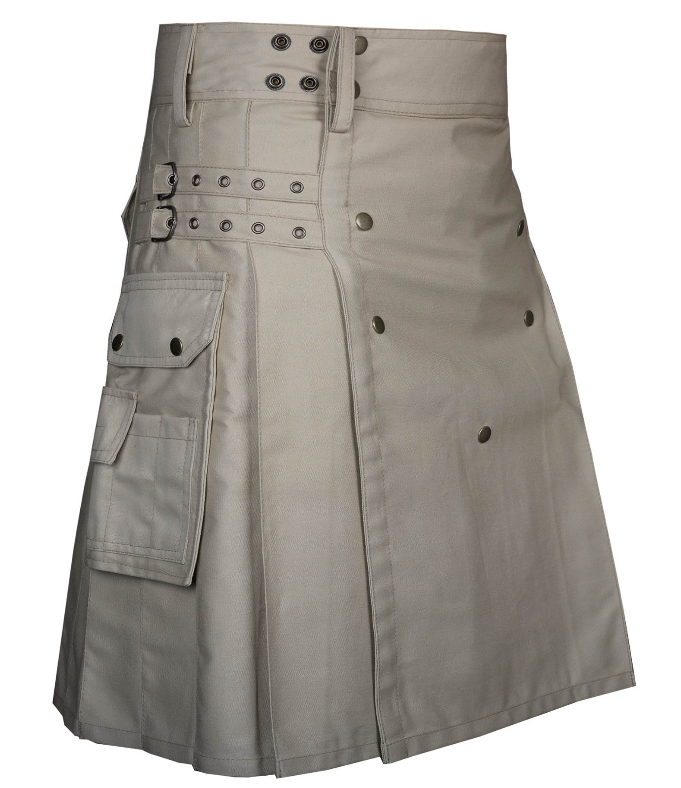 Men’s Beige Cotton Utility Kilt Tactical Cargo Pockets Key Hooks Custom Size