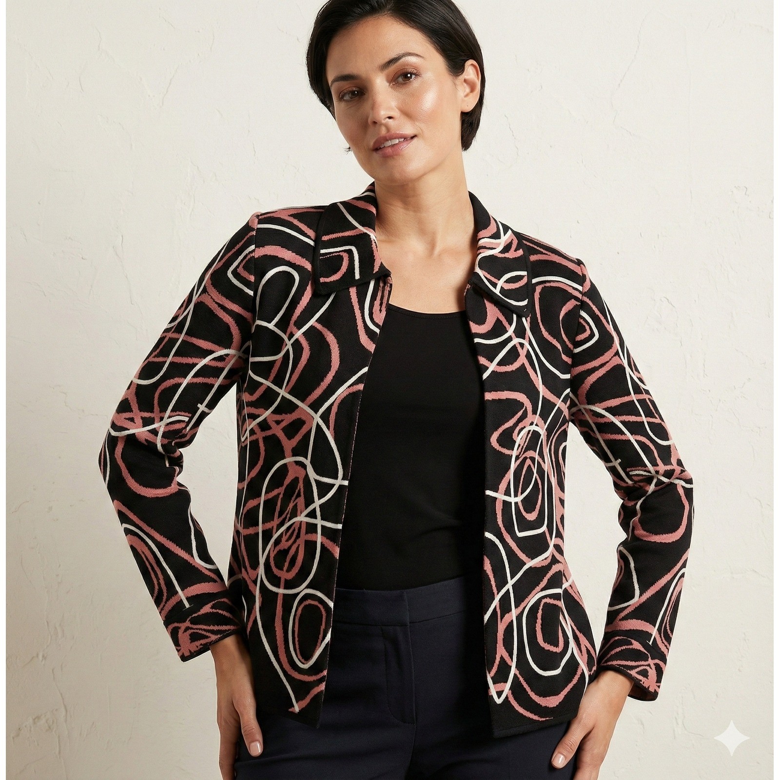 Ming Wang Blazer Jacket Womens Medium Black Pink Abstract Knit Open Front