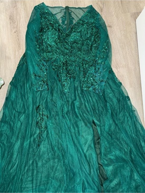 JJs House Dark Green Long Sleeve V-Neck Lace Evening Dress