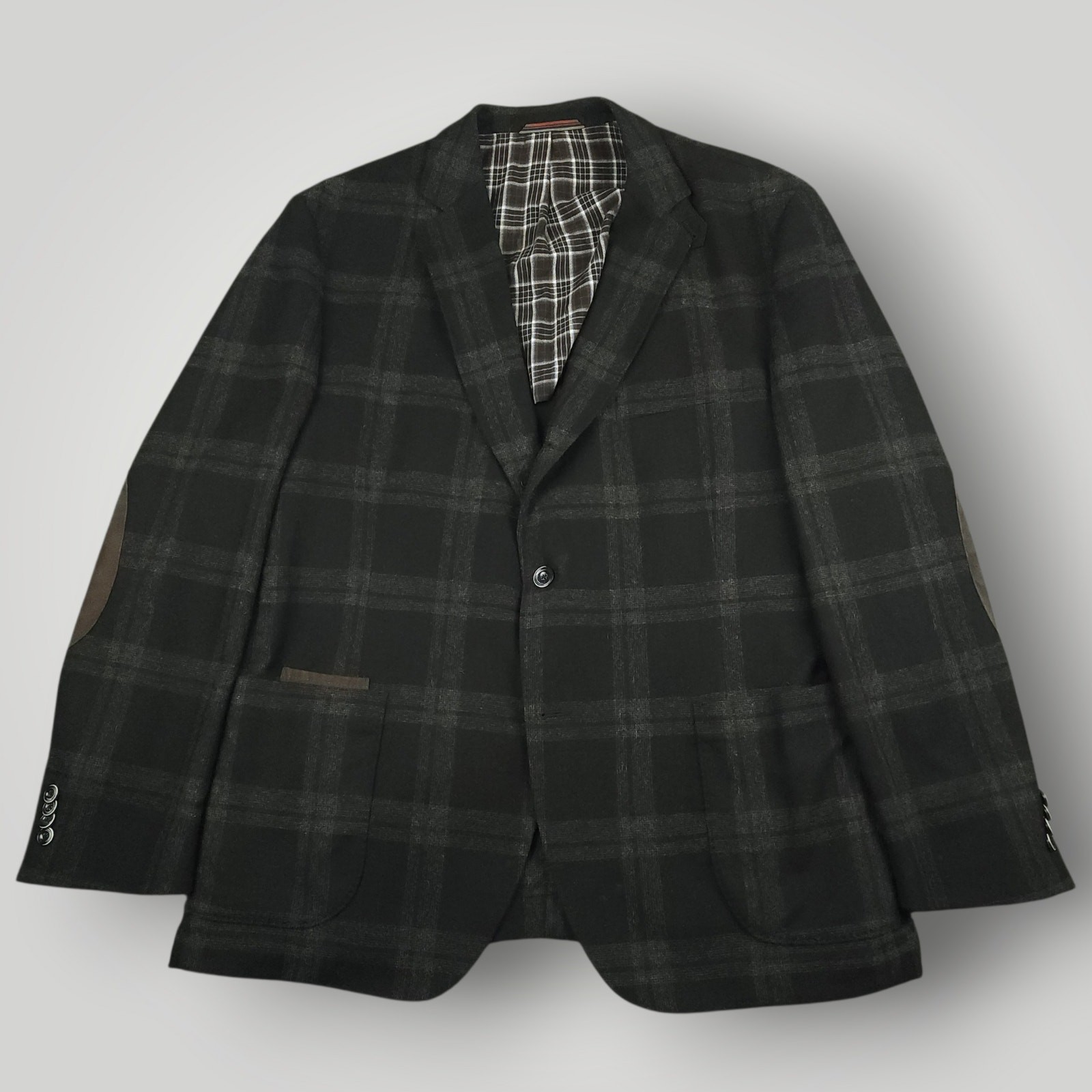 Kroon Sport Coat Mens 46R Flannel Wool Blend 3 Roll 2 Elbow Patch Pocket Plaid