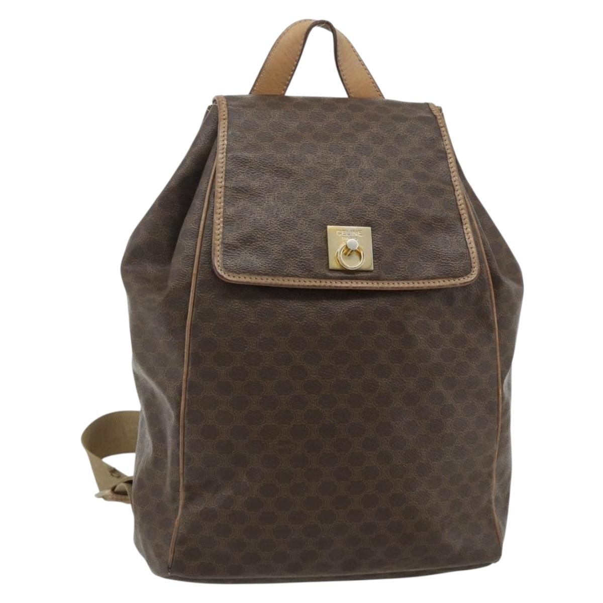 CELINE Macadam Canvas Backpack PVC Leather Brown Gold Auth fm5320