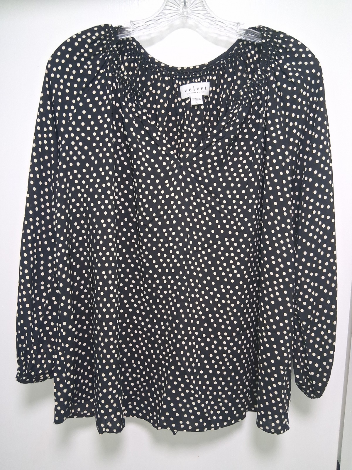 Velvet by Graham & Spencer Polka Dot V-Neck Blouse Black White XS Viscose USA