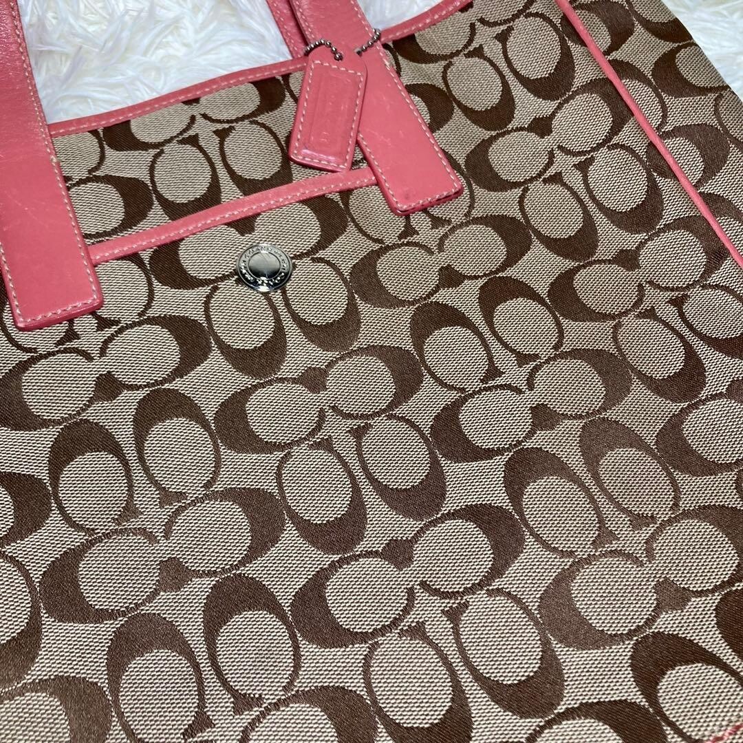 COACH Pink Brown Canvas Leather Tote Bag Logo Inner Pockets 11.8×12.6 in