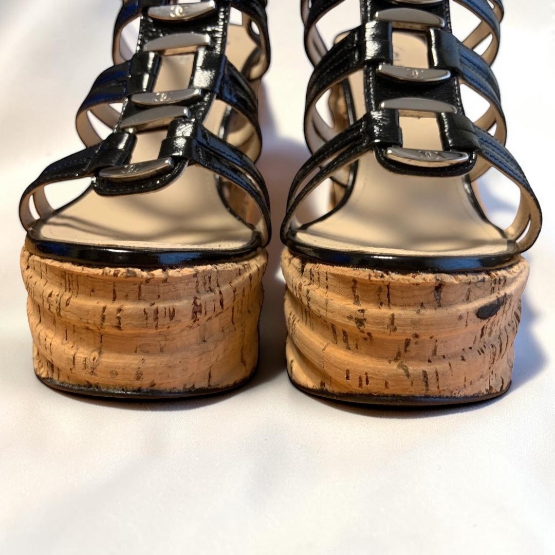 CHANEL CC Logo Coco Mark Patent Leather Strappy Cork Wedge Sandals US 5