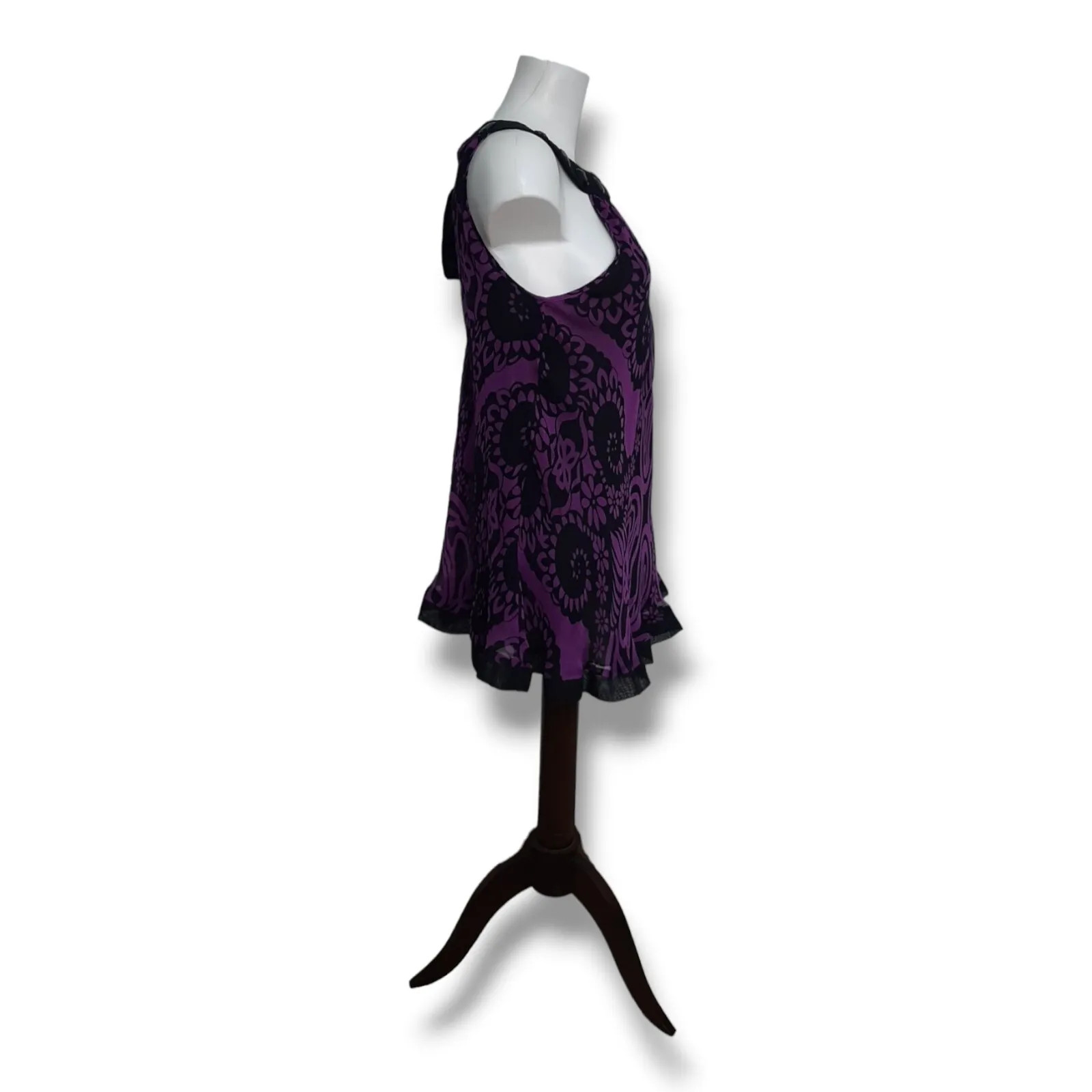 OASIS Pure Silk Sleeveless Top Tunic Pussy Bow Floral Black Purple 12 New NWT