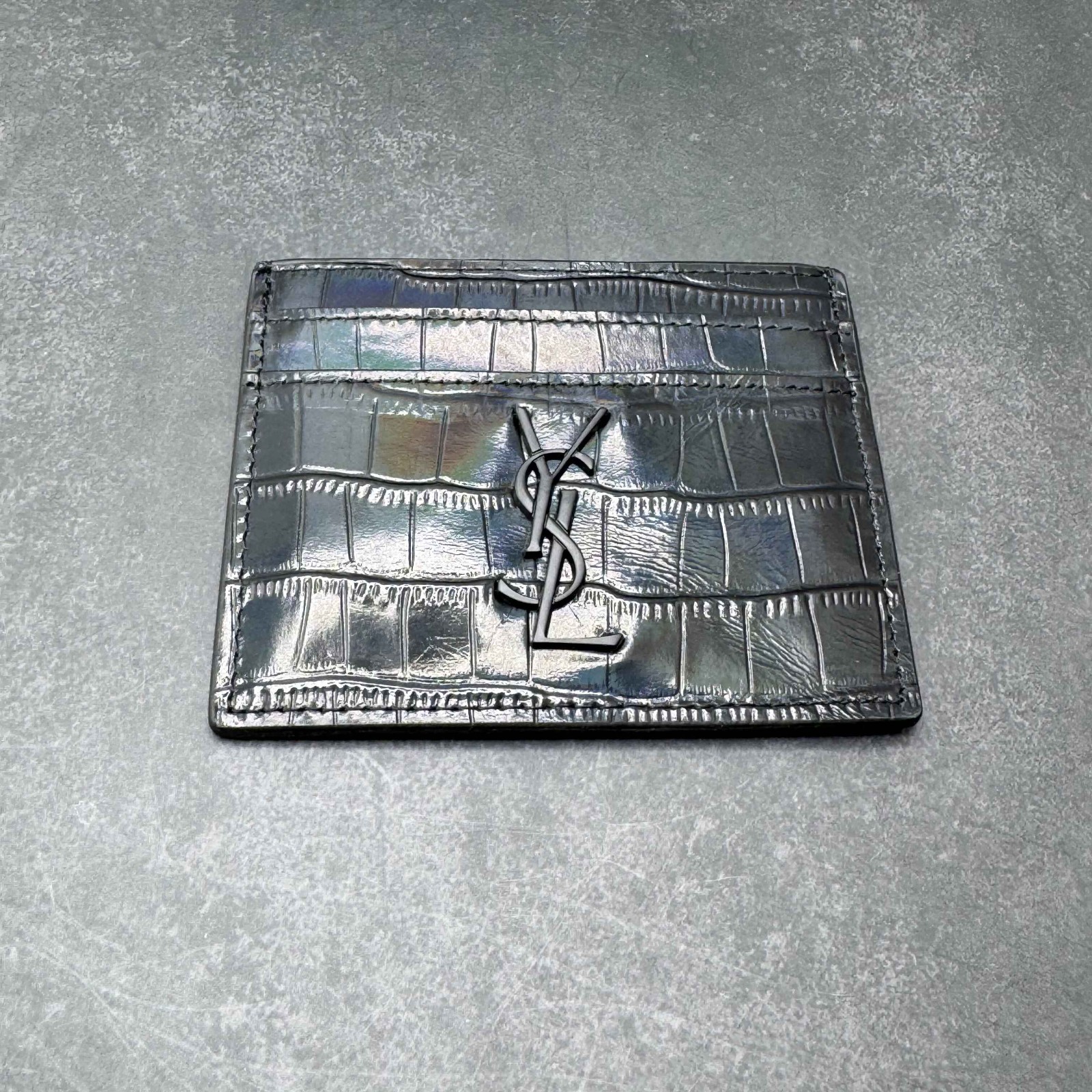 Saint Laurent Cassandre Card Case Glossy Black Croc Embossed Leather Logo