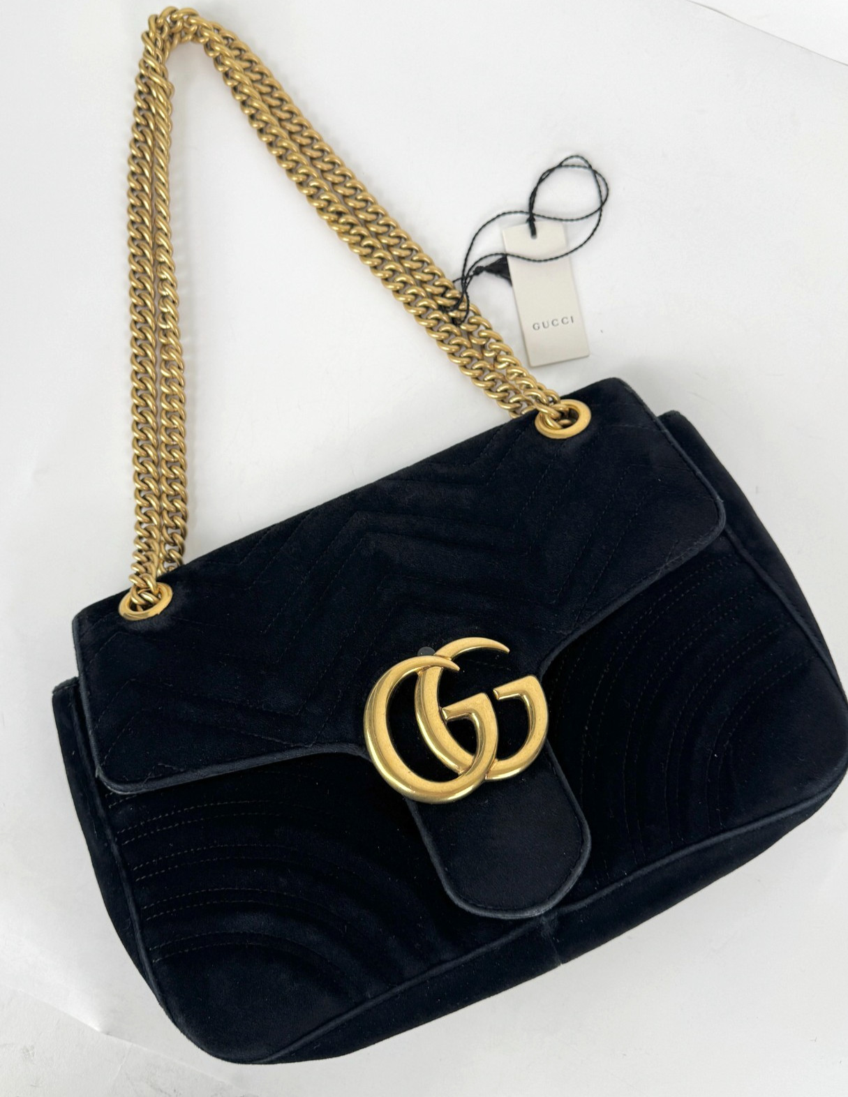 Gucci Auth Black Double G Marmont Medium Velvet Crossbody Shoulder Chain GG Bag