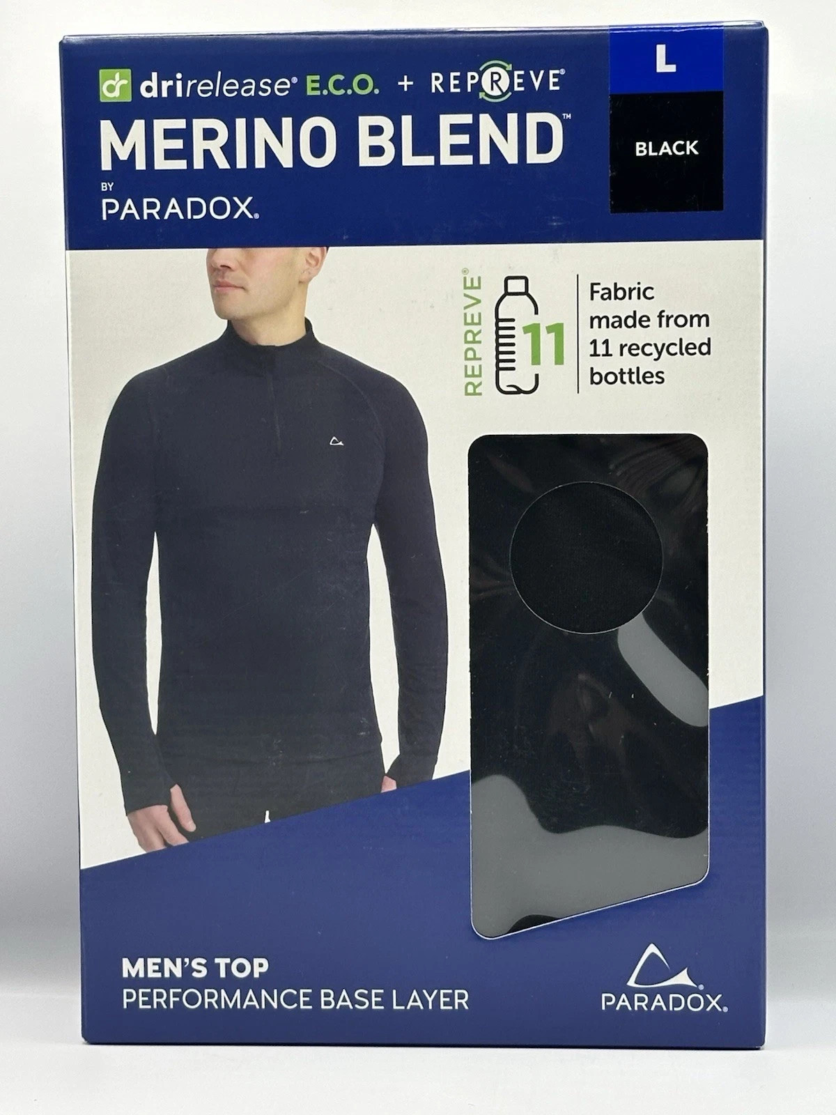 Paradox Men’s 1/4 Zip Merino Blend Performance Base Layer Top, Black, Size L